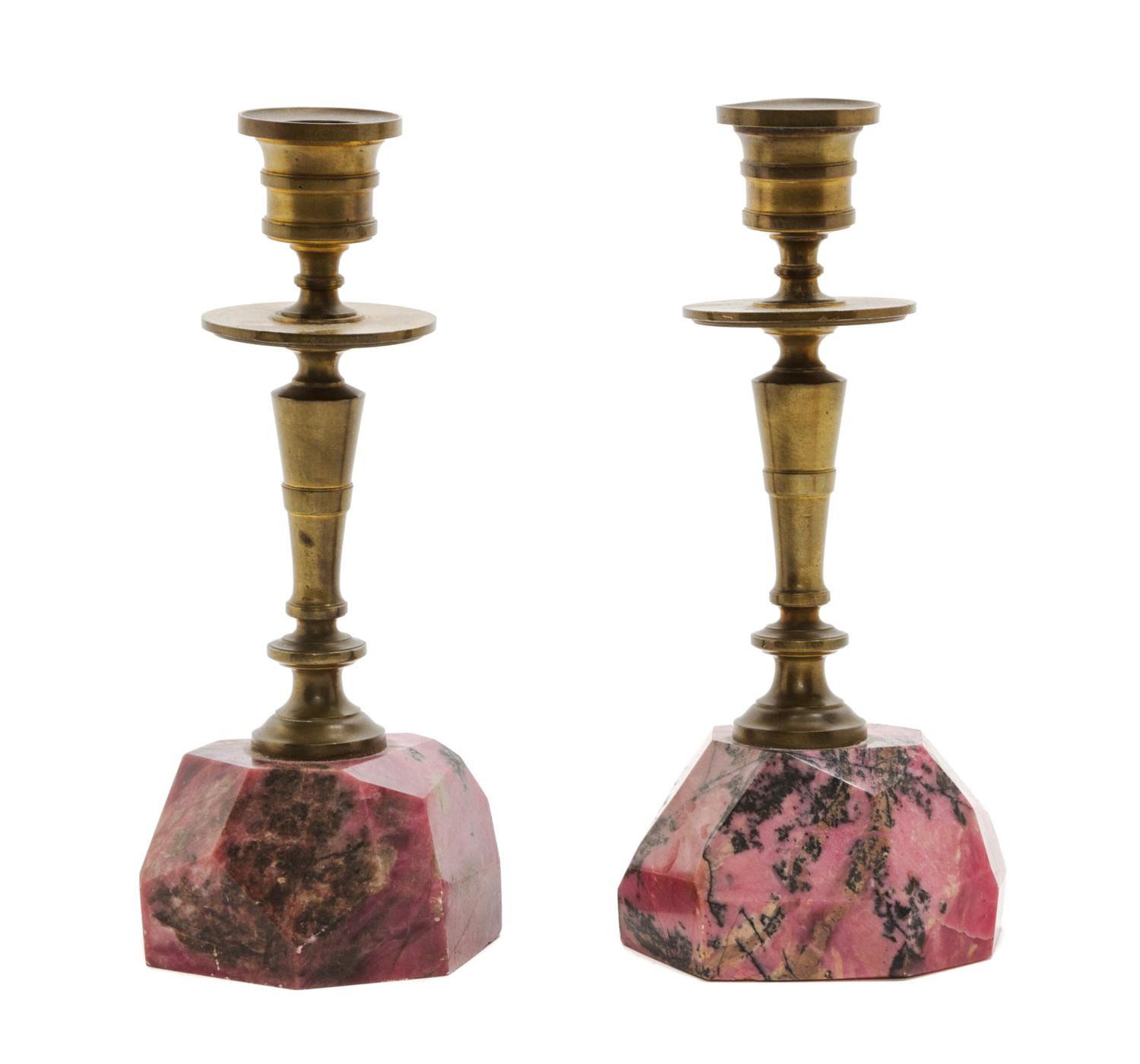 A Pair of Russian Gilt Bronze and Rhodonite Candlesticks, Height of each 8 inches.