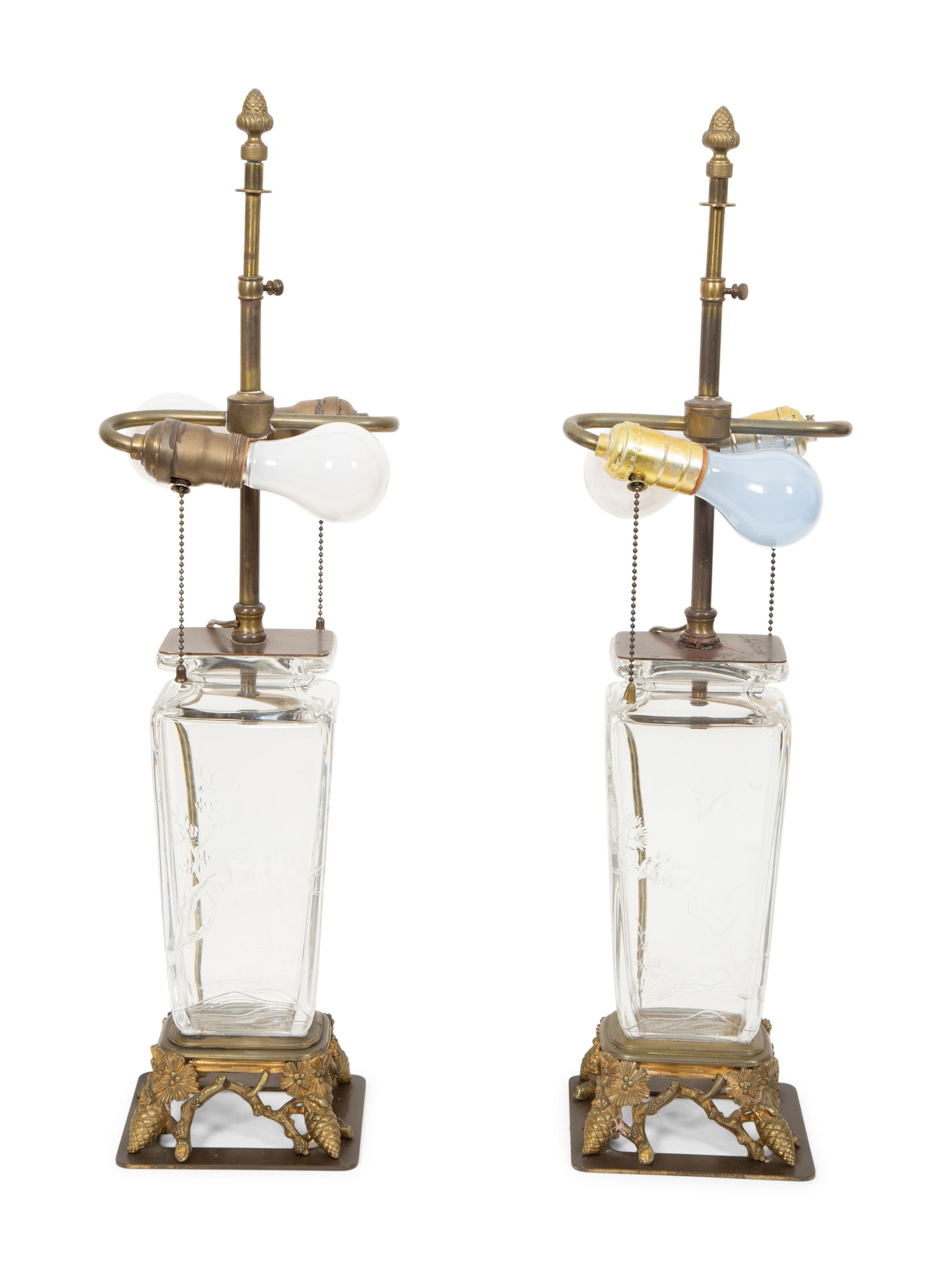 A Pair of Scandinavian Gilt Bronze Mounted Molded Glass Vases Mounted as Lamps