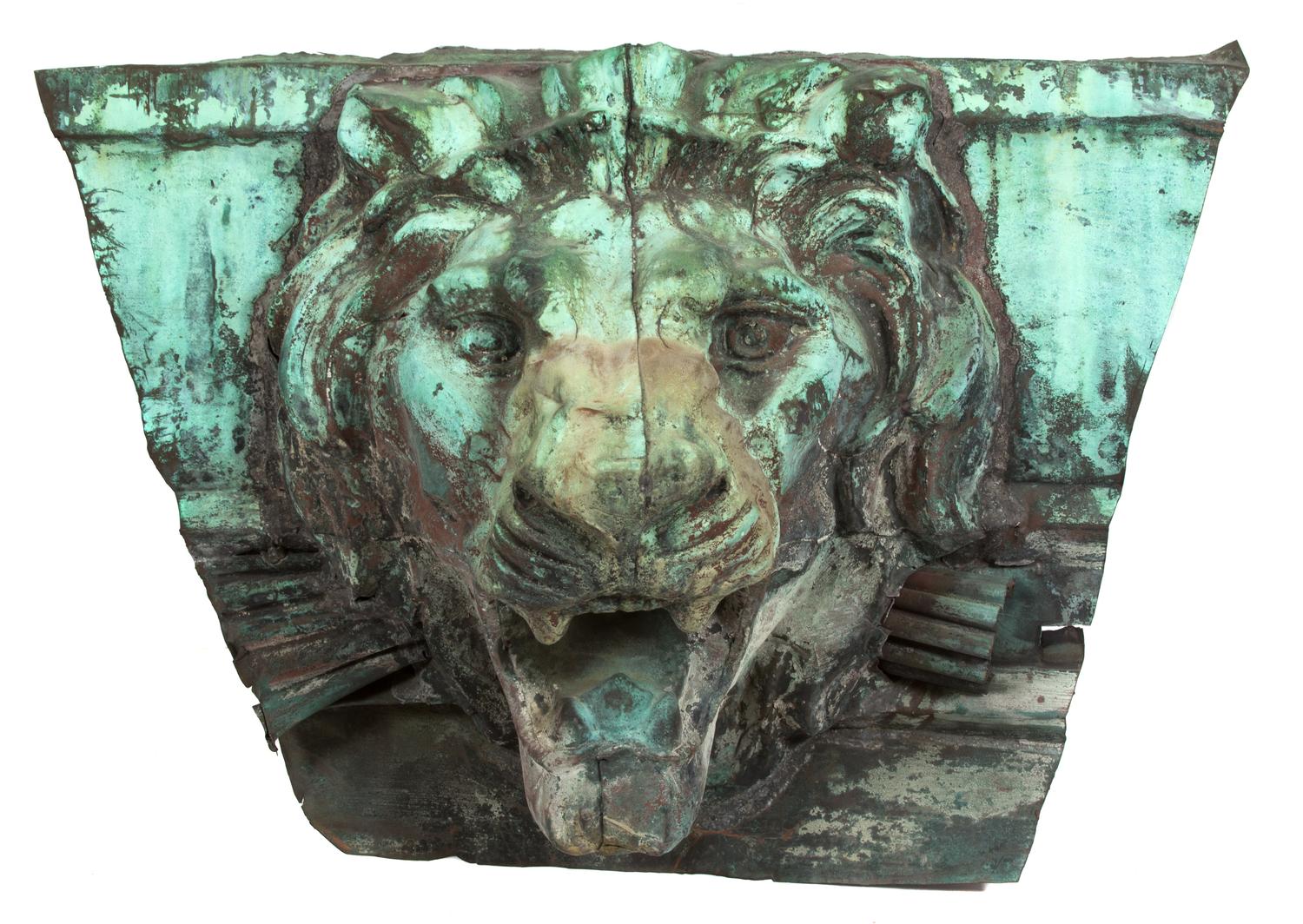 A Continental Patinated Cast Lead Lion Mask Wall Mount Height 24 x width 24 inches. — 19TH CENTURY