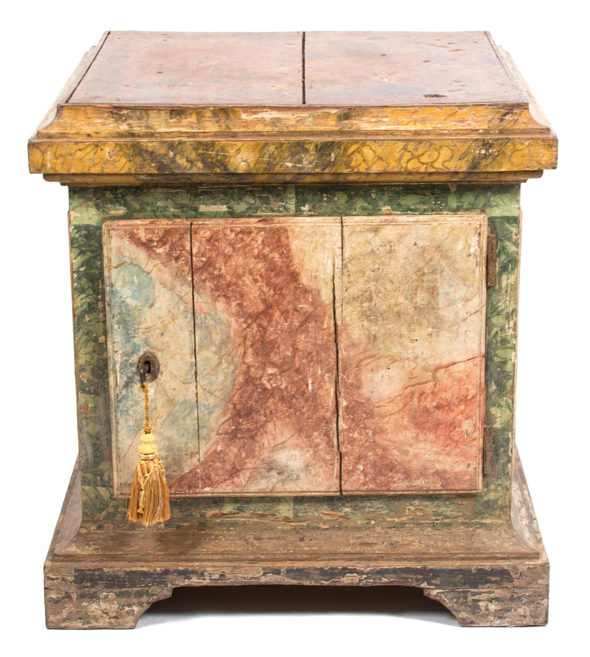 An Italian Faux Marble Painted Wood Pedestal Cabinet Height 34 x width 31 x depth 31 inches. — 18TH CENTURY
