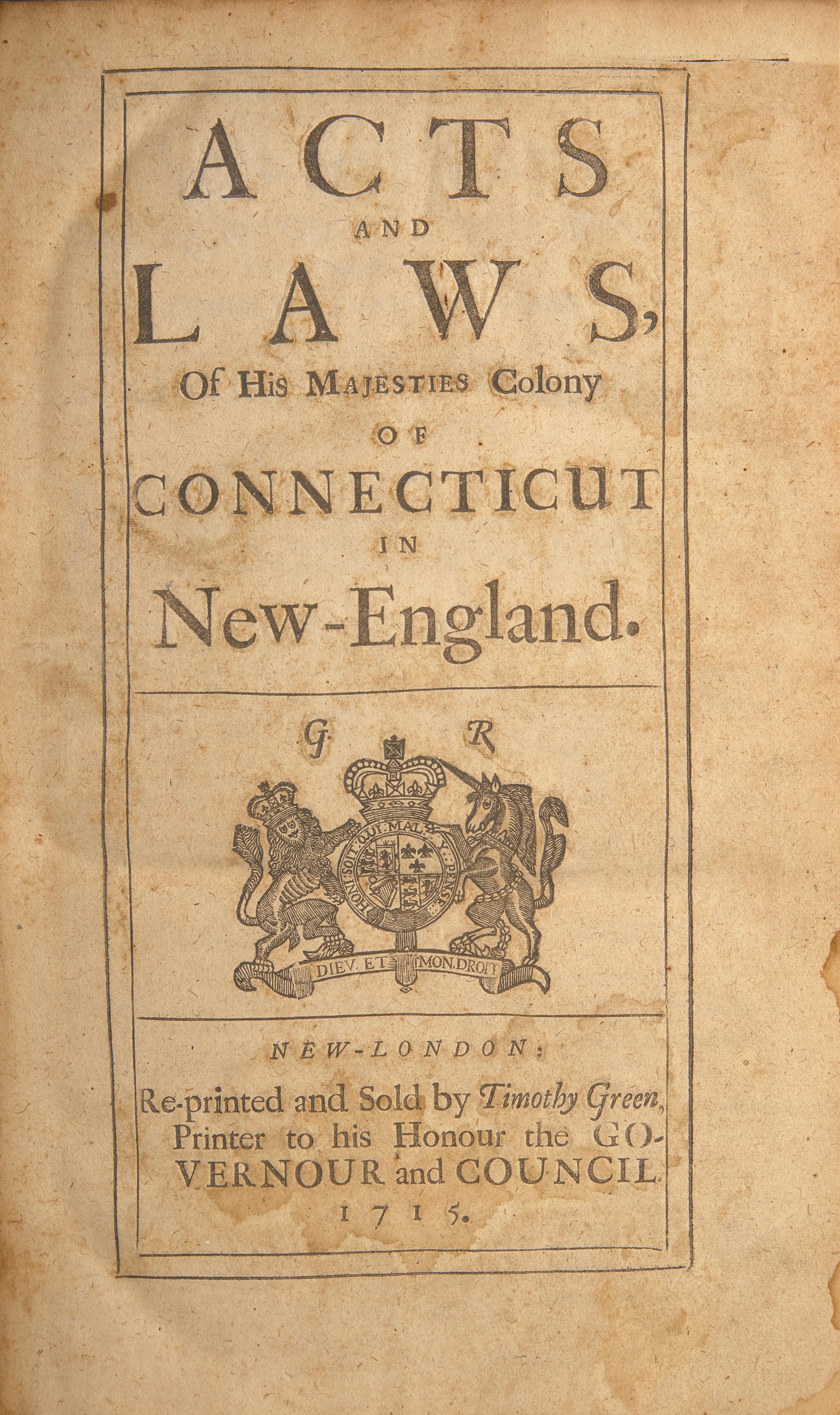 [Colonial America] One of the Earliest Works Printed in Connecticut: "Acts and Laws, Of His Majesties Colony of Connecticut in New-England"