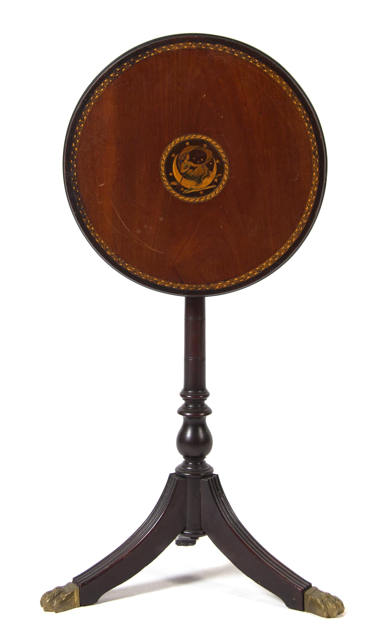 An American Marquetry Tilt Top Table Height 39 inches.