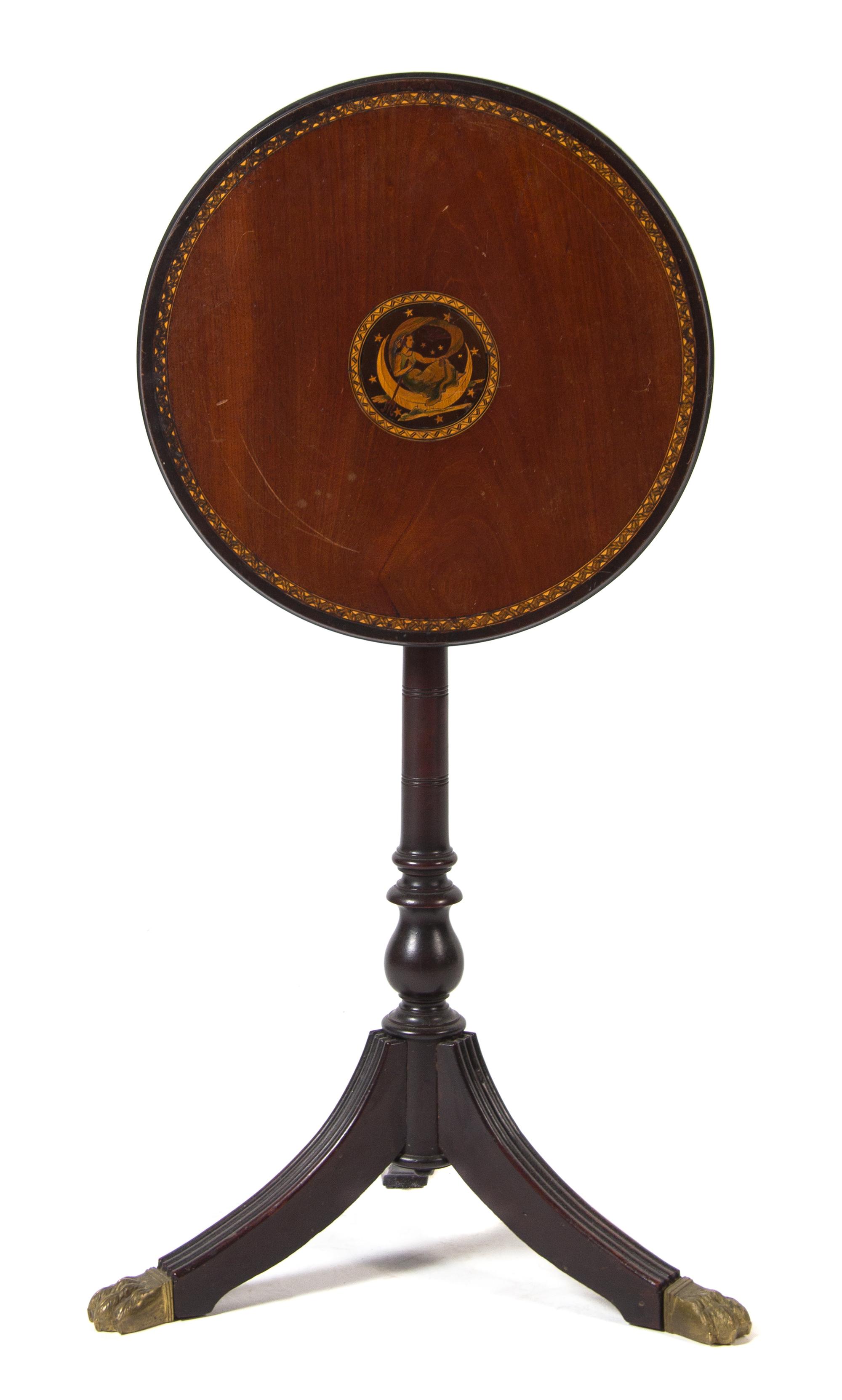 An American Marquetry Tilt Top Table Height 39 inches.