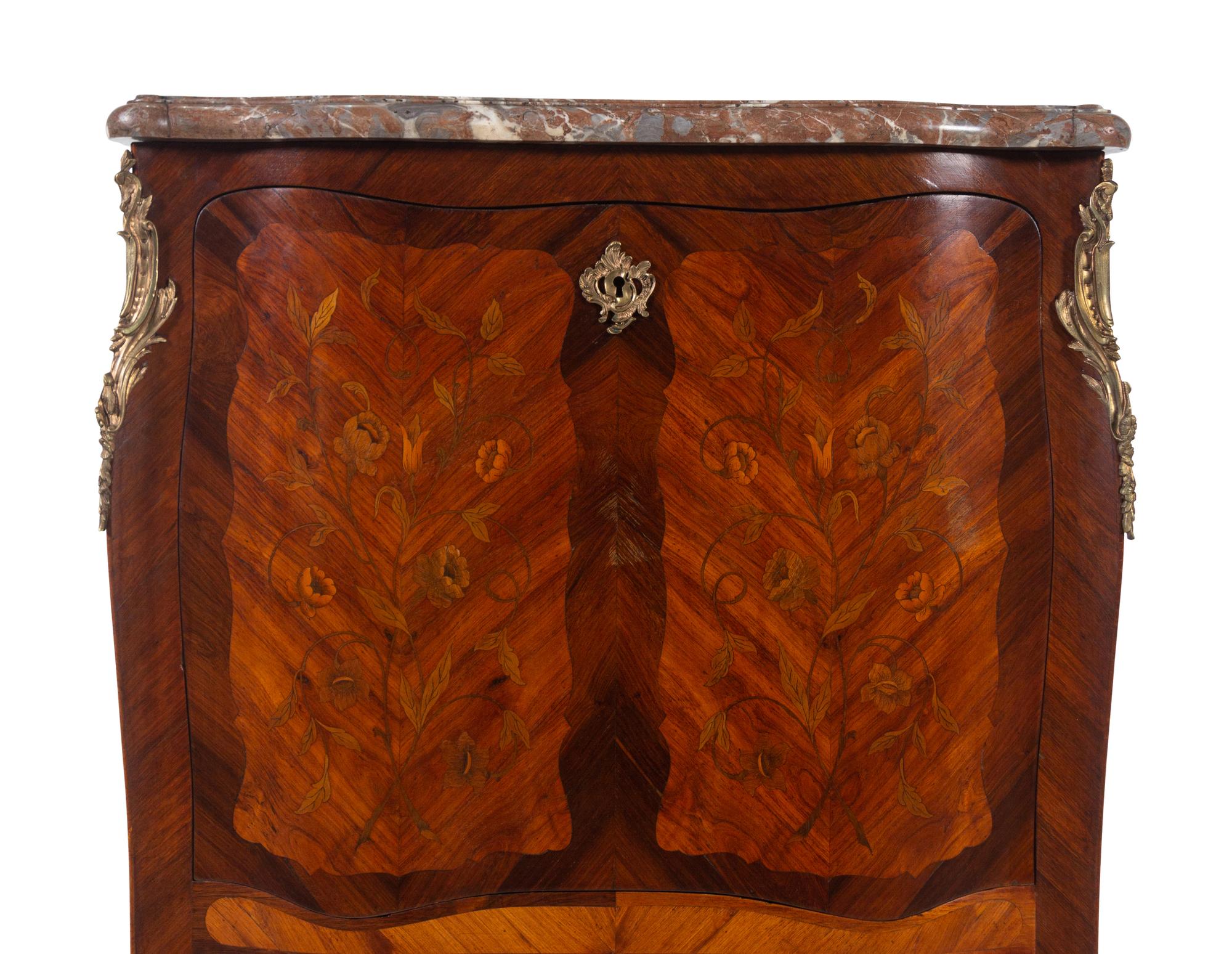 A Louis XV Style Gilt Bronze Mounted Marquetry Marble-Top Secrétaire à Abattant in the Manner of Jean-Pierre Latz