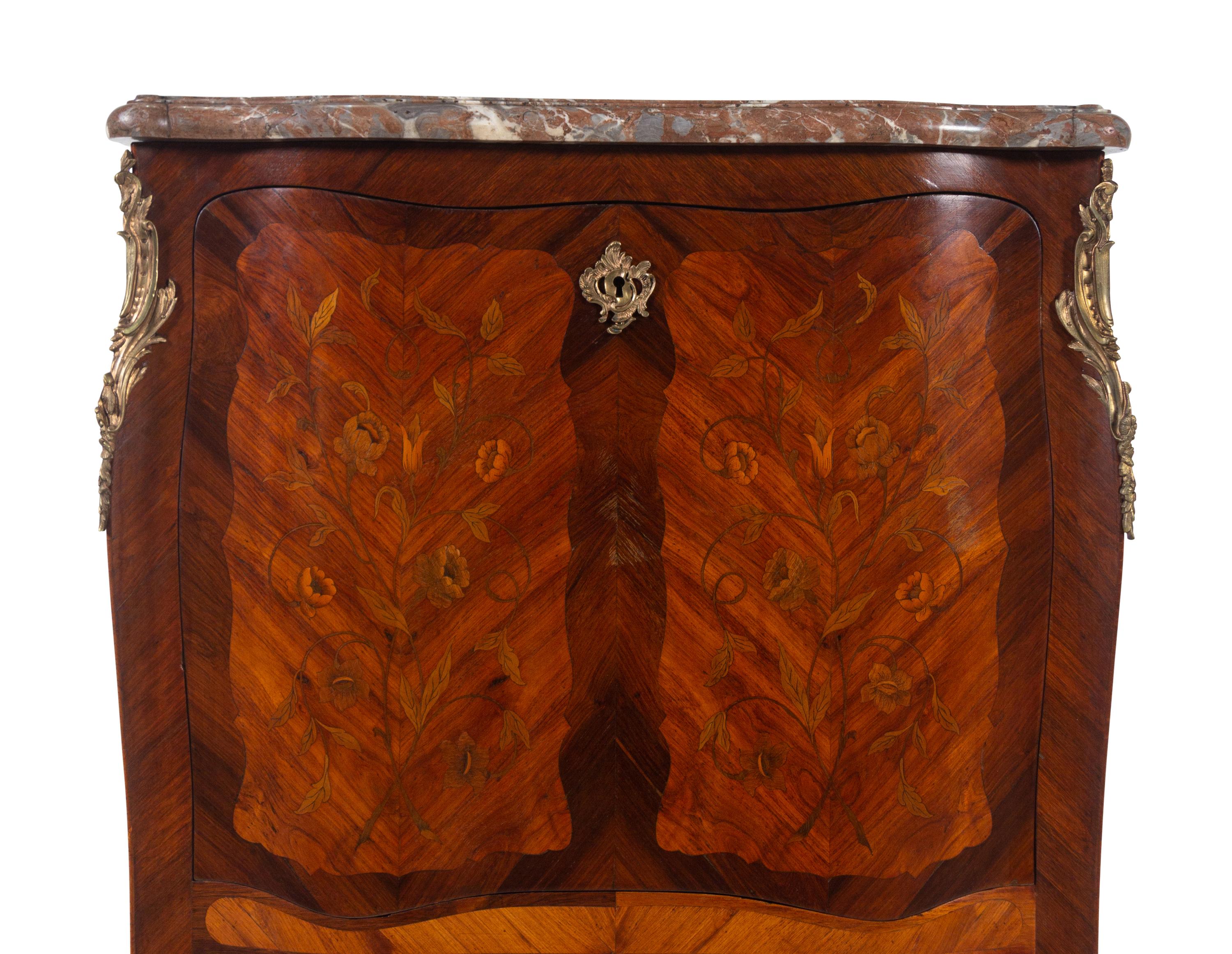A Louis XV Style Gilt Bronze Mounted Marquetry Marble-Top Secrétaire à Abattant in the Manner of Jean-Pierre Latz
