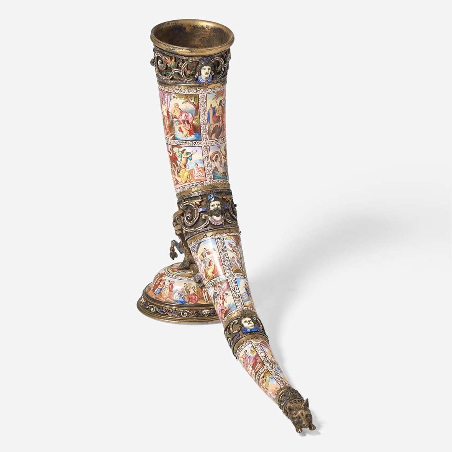 A Viennese silver gilt and enamel horn on stand Karl Bank (active 1895-1924), Vienna, Austria, circa 1900