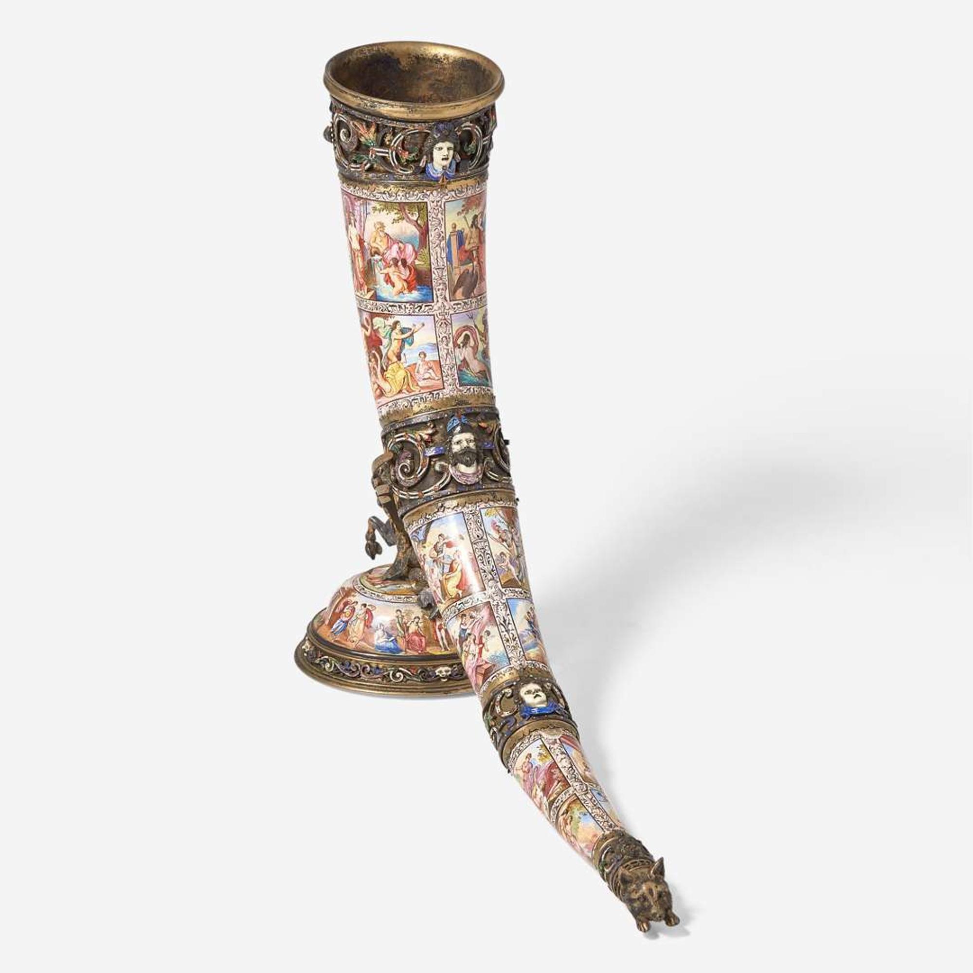 A Viennese silver gilt and enamel horn on stand Karl Bank (active 1895-1924), Vienna, Austria, circa 1900