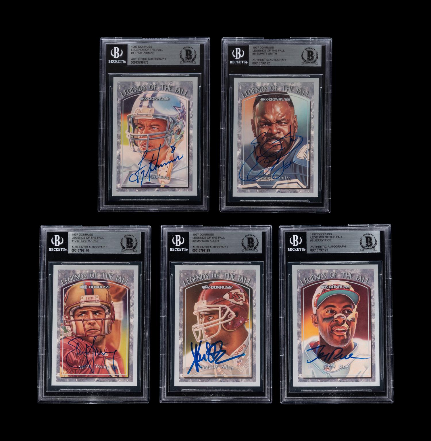 A Group of Five 1997 Donruss Legends Of The Fall Signed Autograph Hall of Fame Football Cards (Beckett Authentication Services BAS Certified),