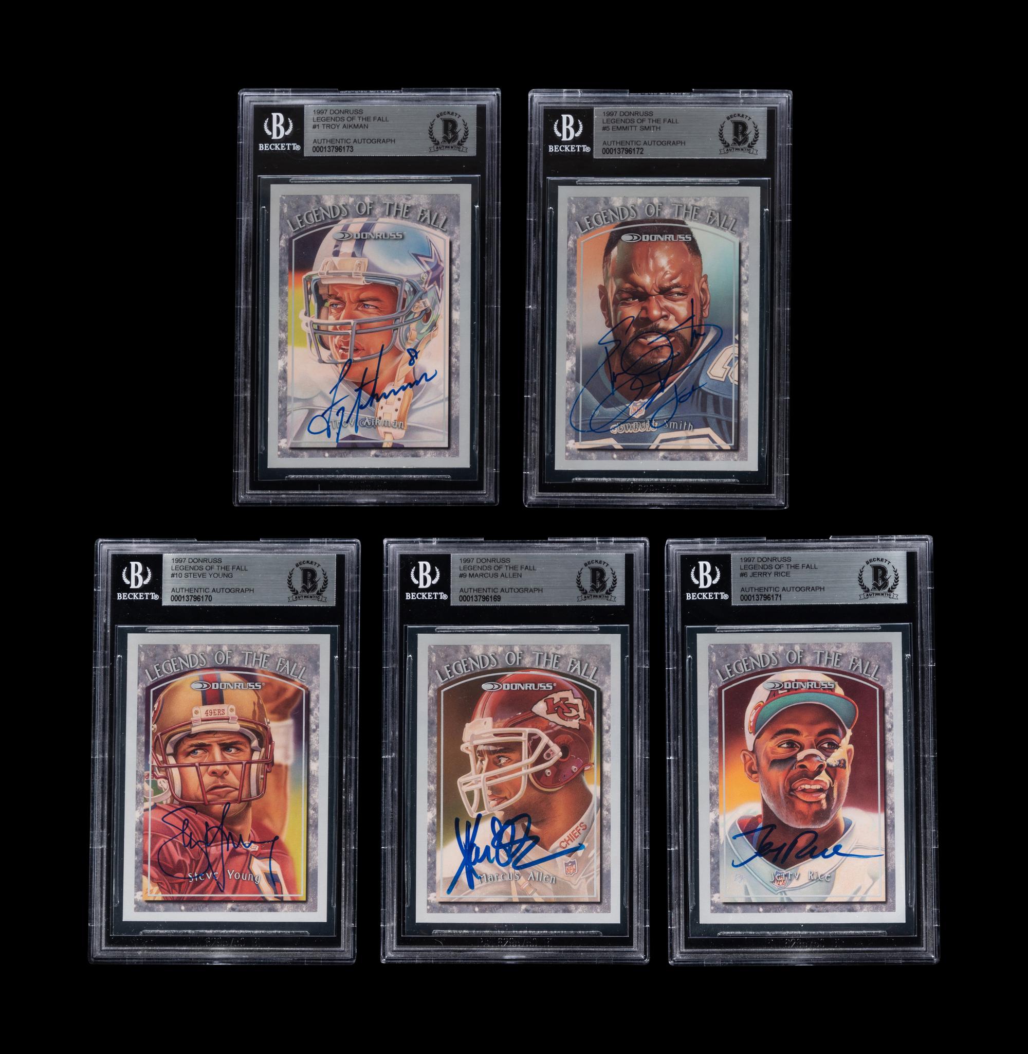 A Group of Five 1997 Donruss Legends Of The Fall Signed Autograph Hall of Fame Football Cards (Beckett Authentication Services BAS Certified),