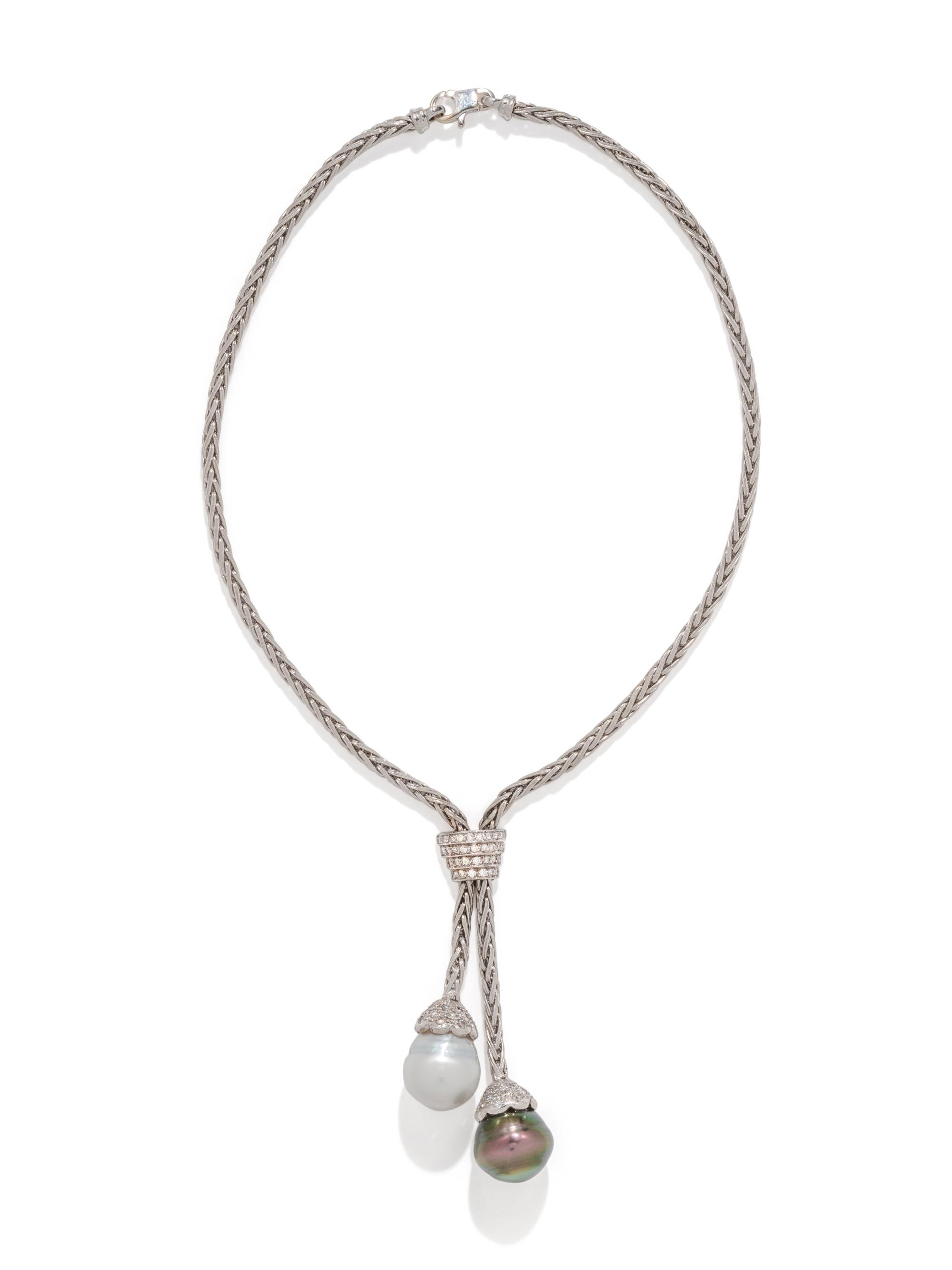 WHITE GOLD, DIAMOND AND CULTURED PEARL NECKLACE