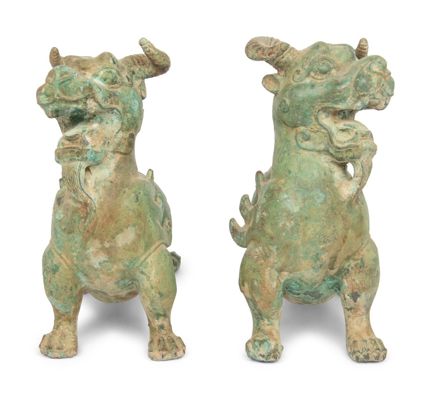 A Pair of Chinese Six Dynasties Style Bronze Figures Chimera