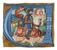 WORKSHOP OF THE MASTER OF PHILIPPA OF GUELDERS (active Paris c. 1500–1530) Saint Maurice in a historiated initial ‘V’, cutting from a large Choir Book, in Latin, illuminated manuscript on parchment [Lorraine or northern France (Paris), c. 1500].
