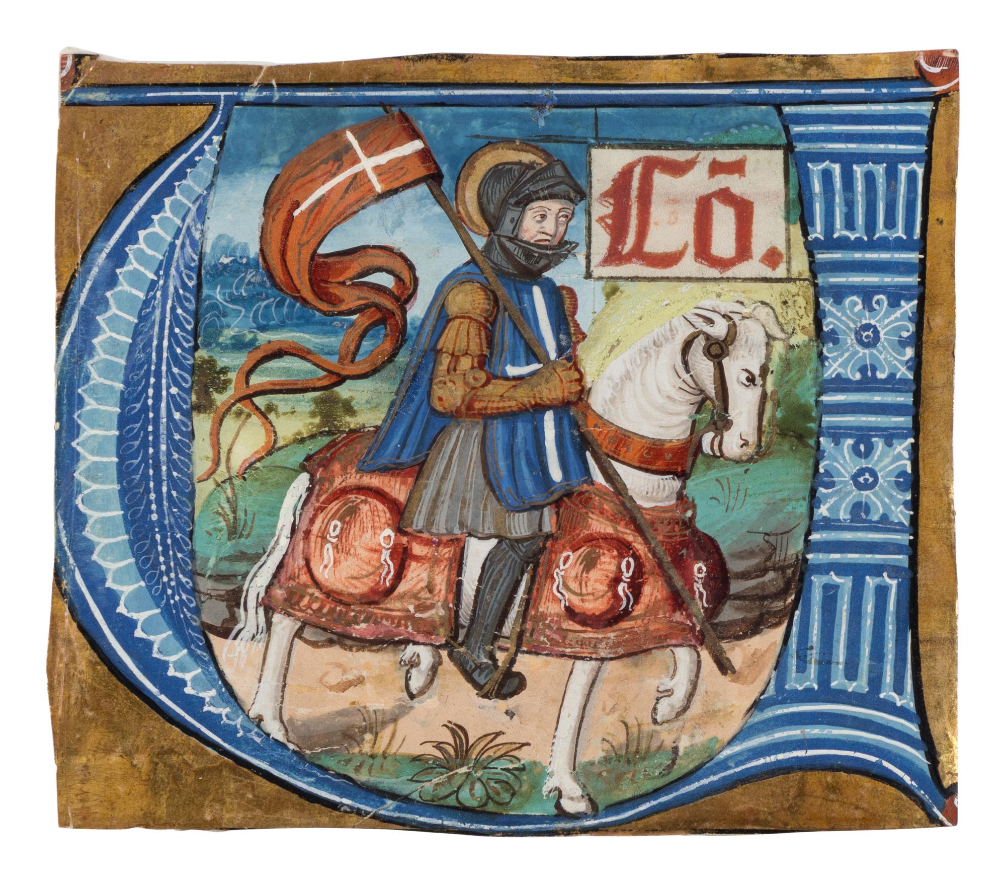 WORKSHOP OF THE MASTER OF PHILIPPA OF GUELDERS (active Paris c. 1500–1530) Saint Maurice in a historiated initial ‘V’, cutting from a large Choir Book, in Latin, illuminated manuscript on parchment [Lorraine or northern France (Paris), c. 1500].
