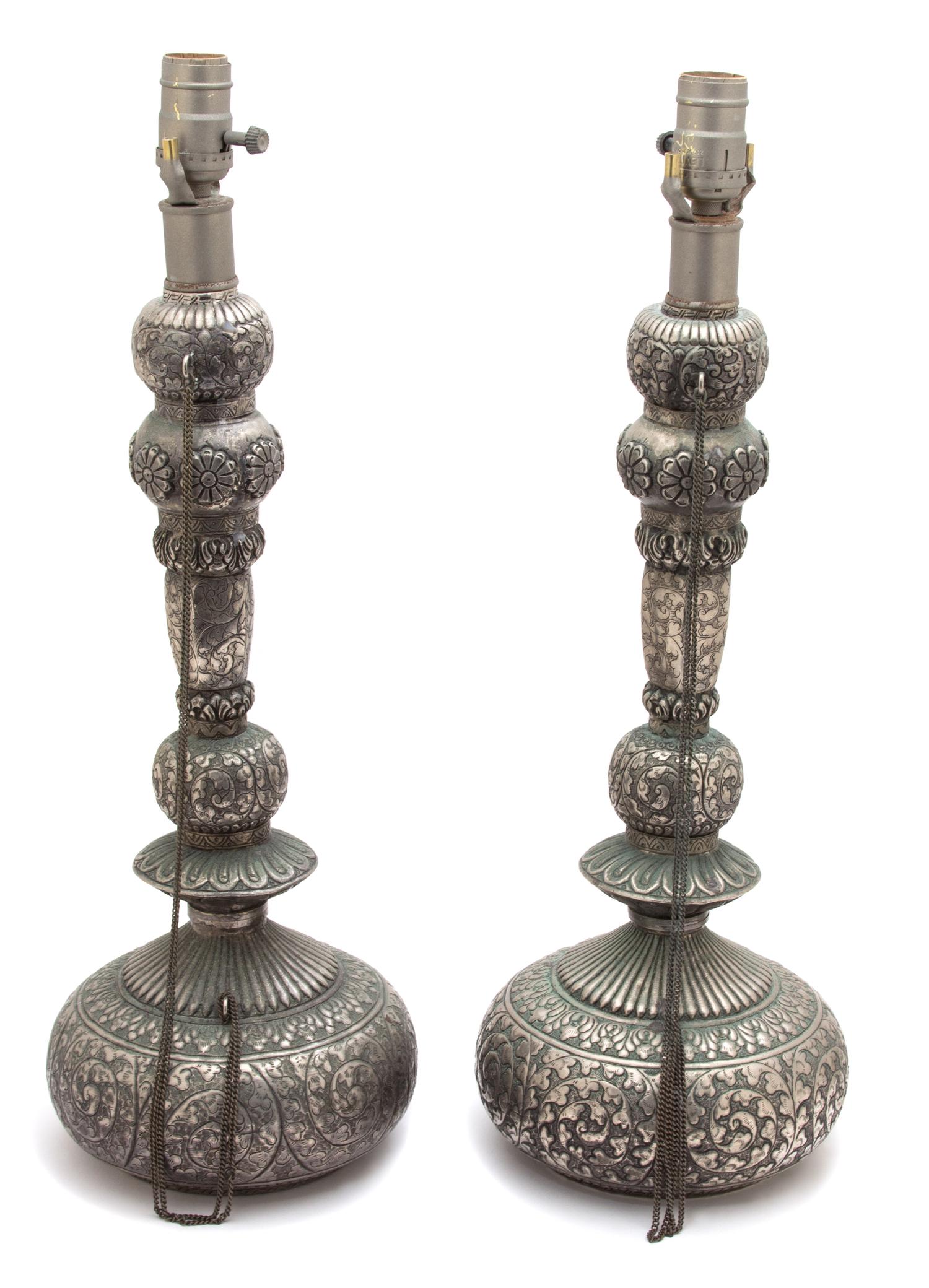 A Pair of Indian Stamped Metal Hookah-Form Table Lamps — 20TH CENTURY