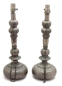 A Pair of Indian Stamped Metal Hookah-Form Table Lamps — 20TH CENTURY