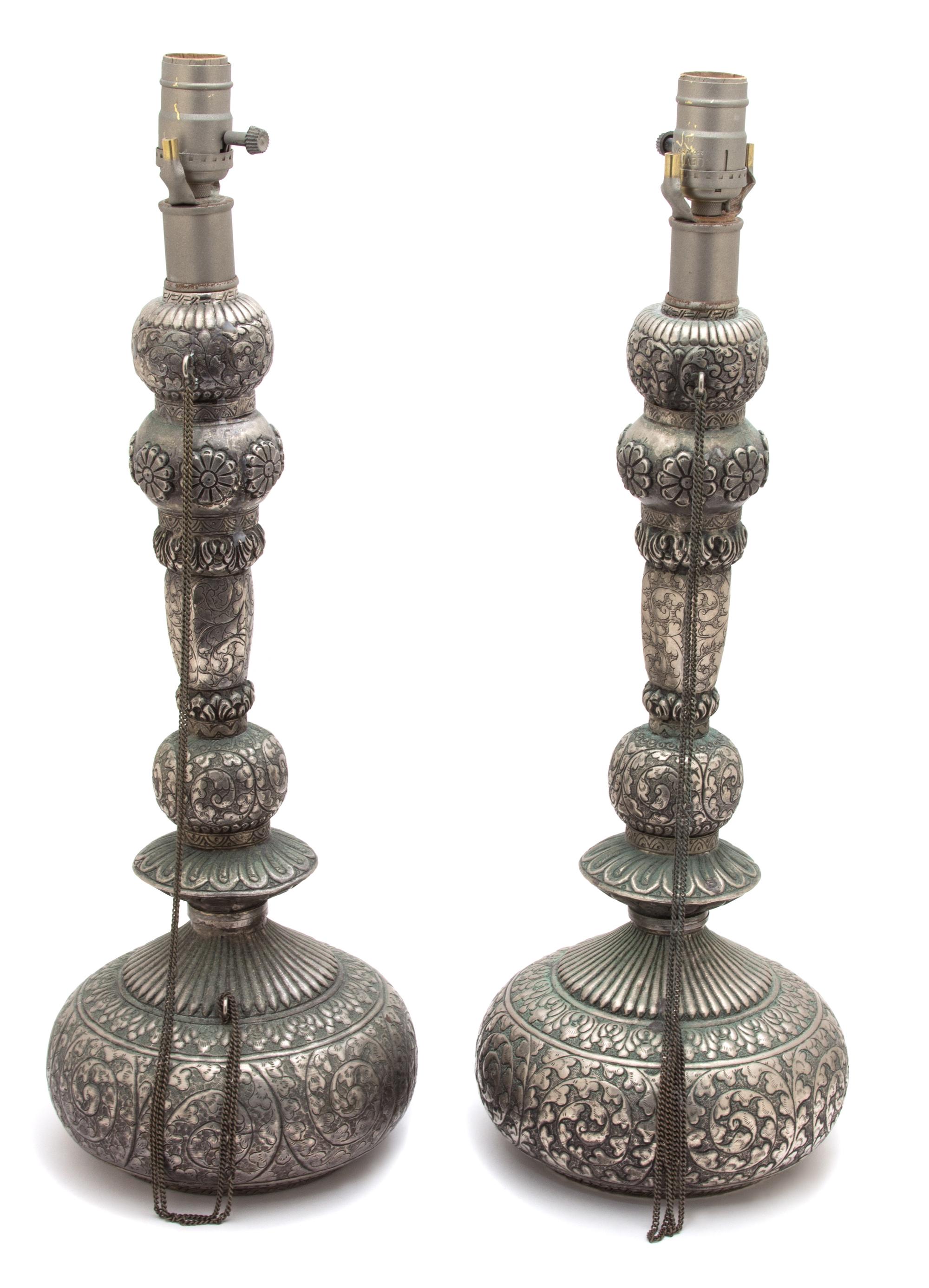 A Pair of Indian Stamped Metal Hookah-Form Table Lamps — 20TH CENTURY