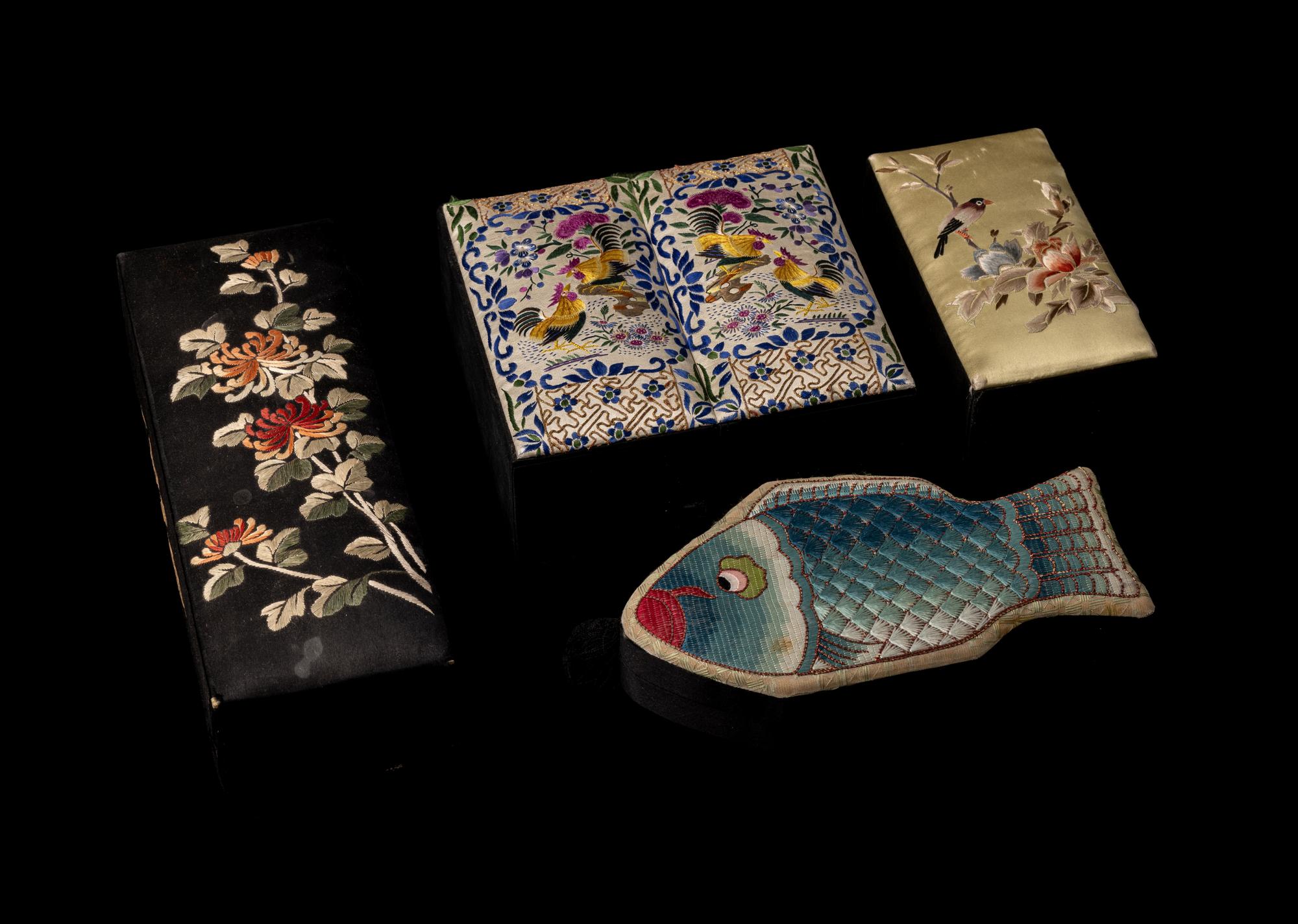 Four Chinese Embroidered Silk Boxes