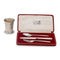 An English Silver Child's Cutlery Set and Cup