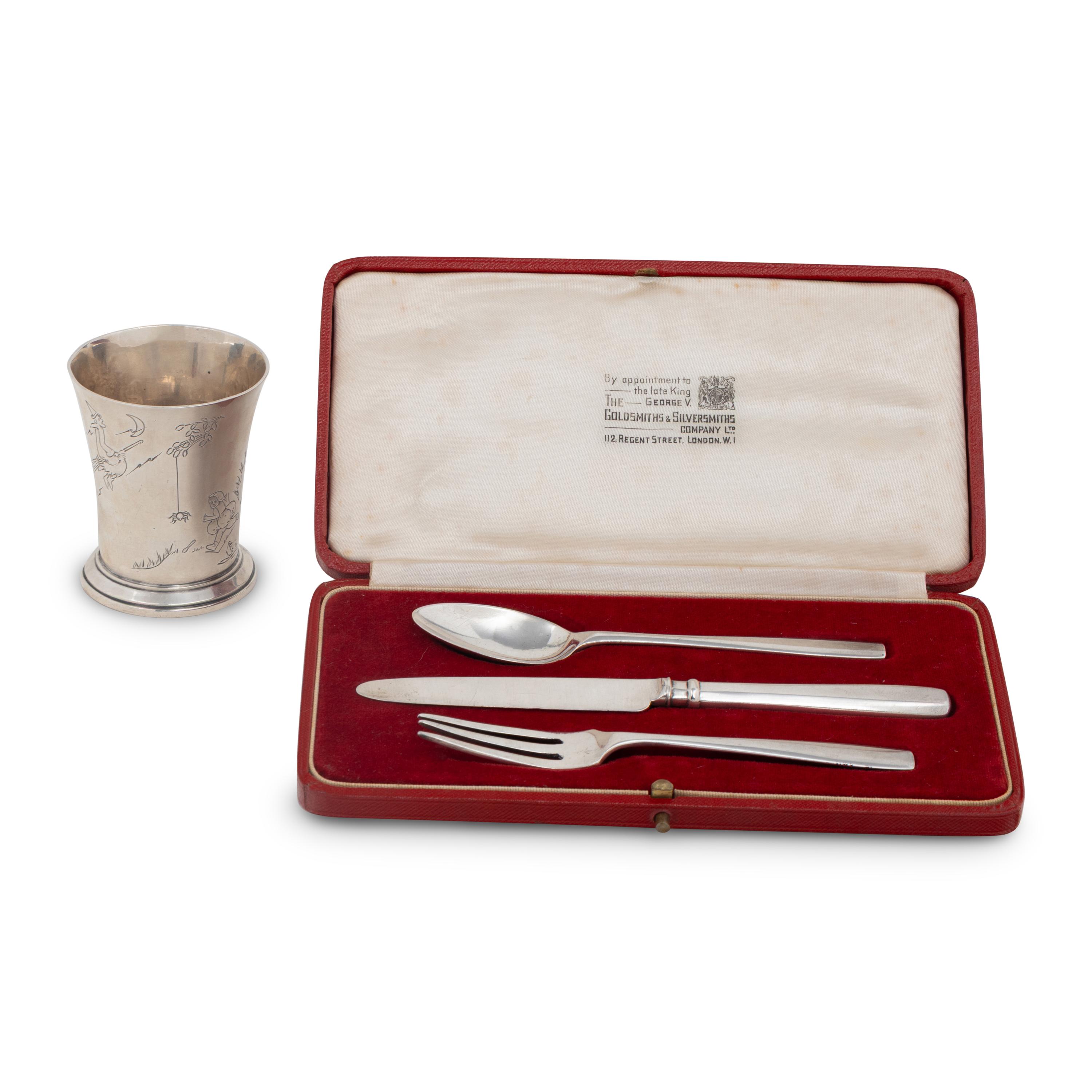 An English Silver Child's Cutlery Set and Cup