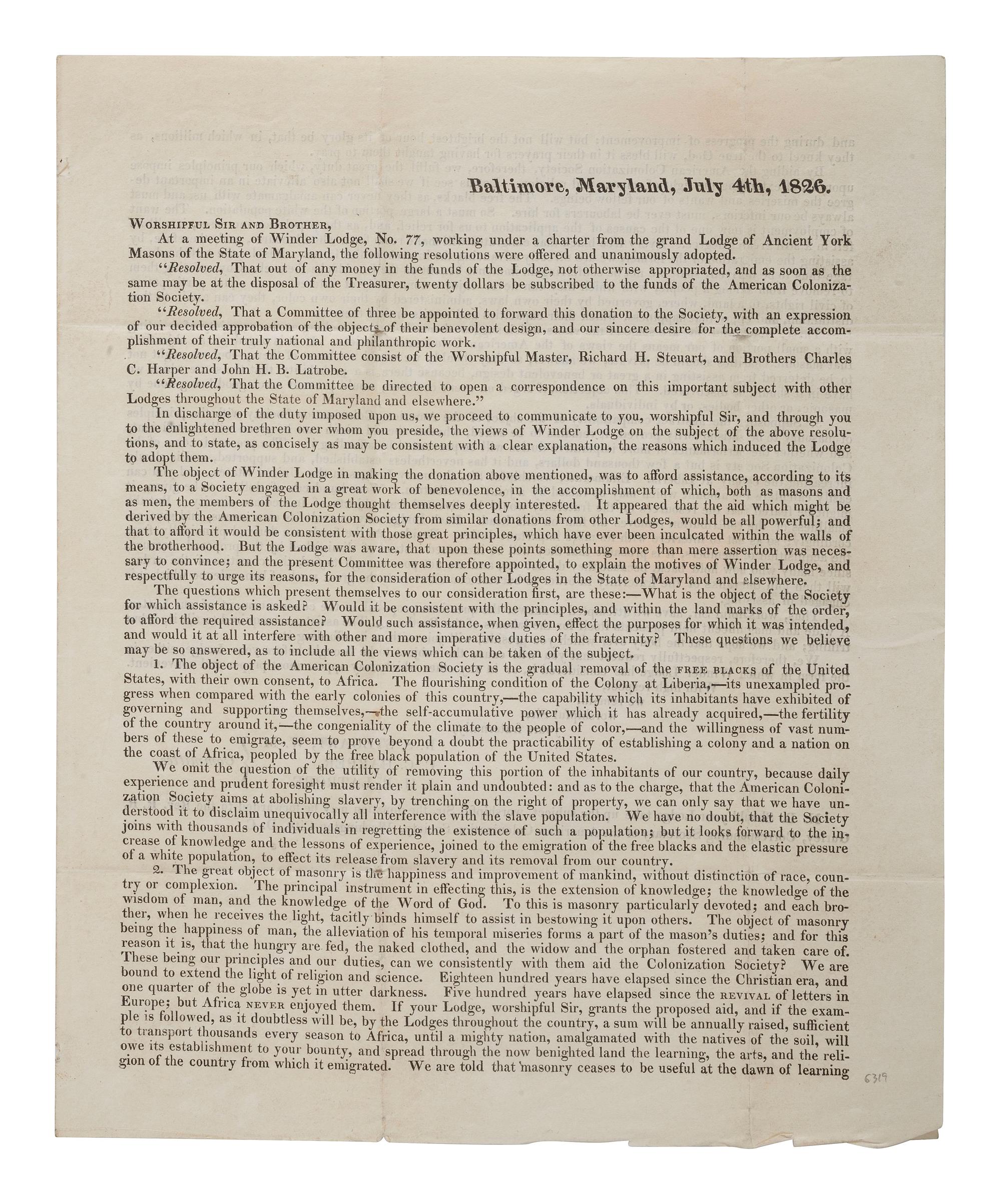 [LIBERIA]. Ancient York Masons circular suggesting donations to the American Colonization Society. Baltimore, MD, 4 July 1826. [ With :] Enclosed manuscript note suggesting a donation of ten dollars.