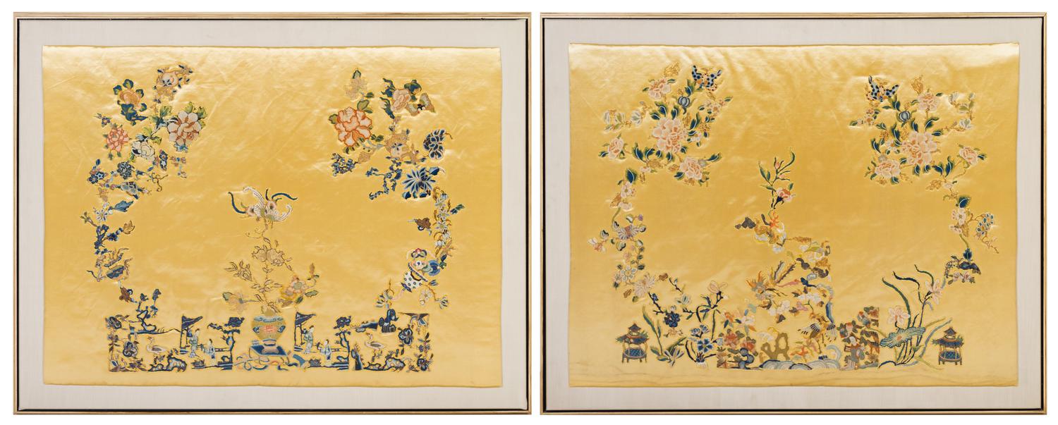 A Rare Set of Six Chinese Imperial Yellow Embroidered Silk Panels 19TH CENTURY Largest 66 x 44 1/2 inches. — 19TH CENTURY