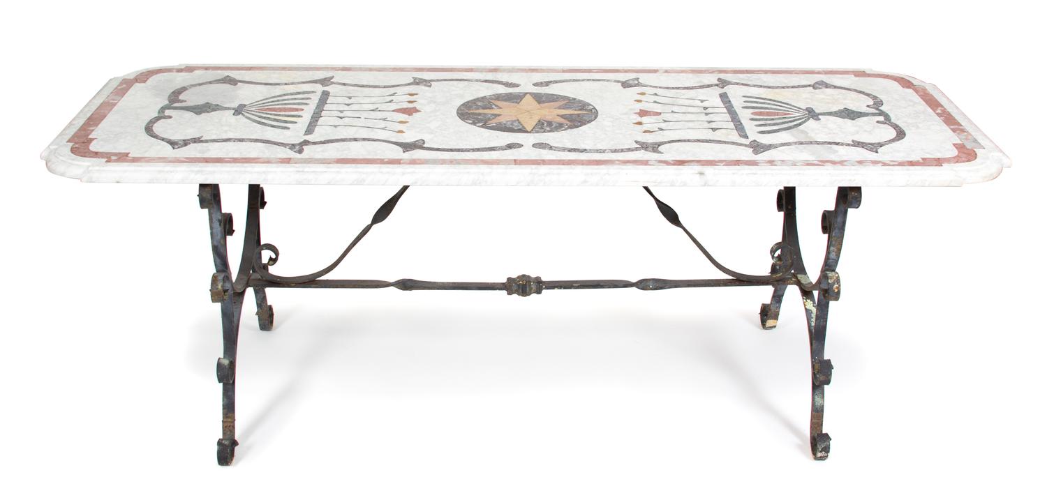An Italian Pietra Dura Marble Top Table on Ironwork Base Height 31 x width 86 3/4 x depth 35 1/2 inches. — EARLY 20TH CENTURY