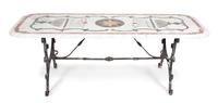 An Italian Pietra Dura Marble Top Table on Ironwork Base Height 31 x width 86 3/4 x depth 35 1/2 inches. — EARLY 20TH CENTURY