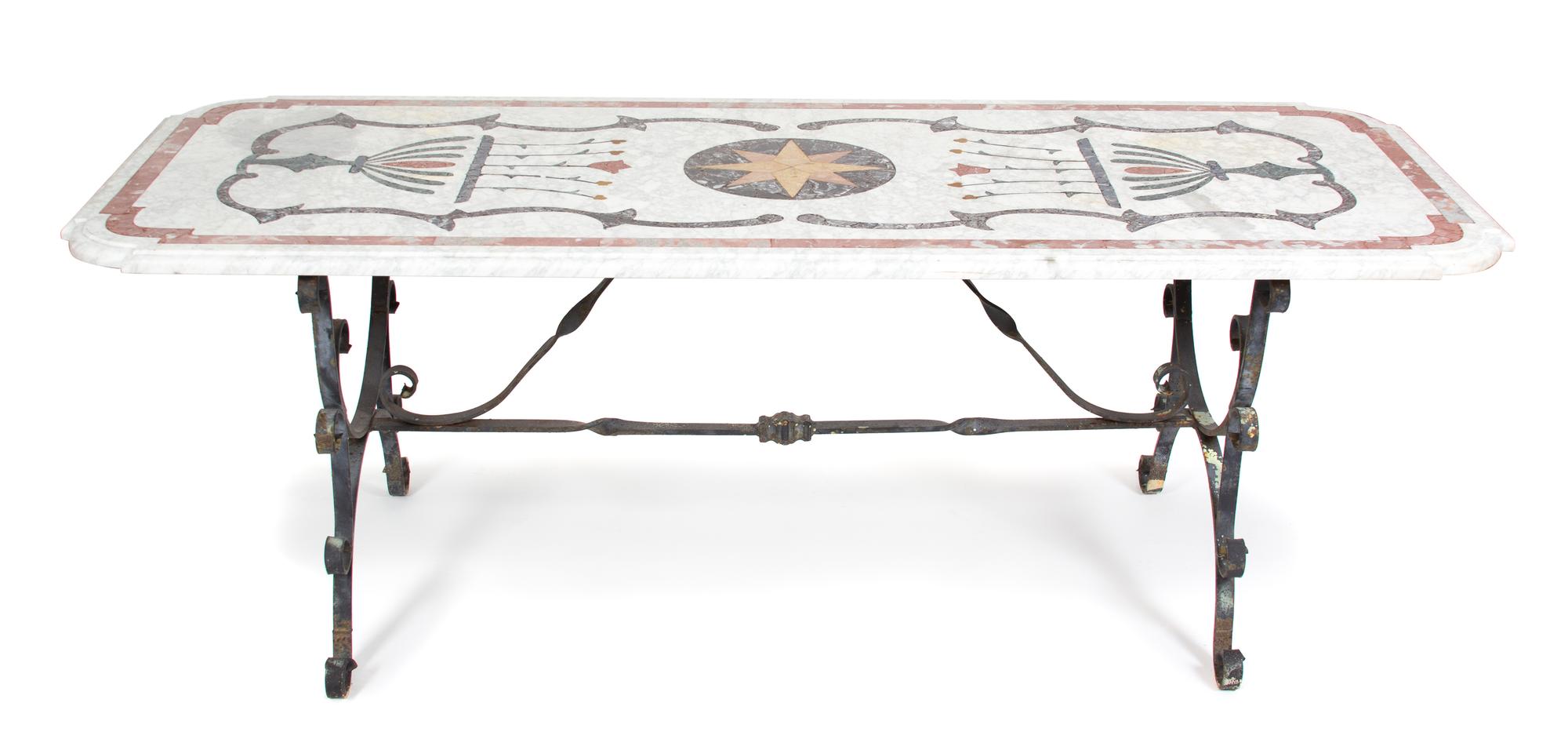 An Italian Pietra Dura Marble Top Table on Ironwork Base Height 31 x width 86 3/4 x depth 35 1/2 inches. — EARLY 20TH CENTURY
