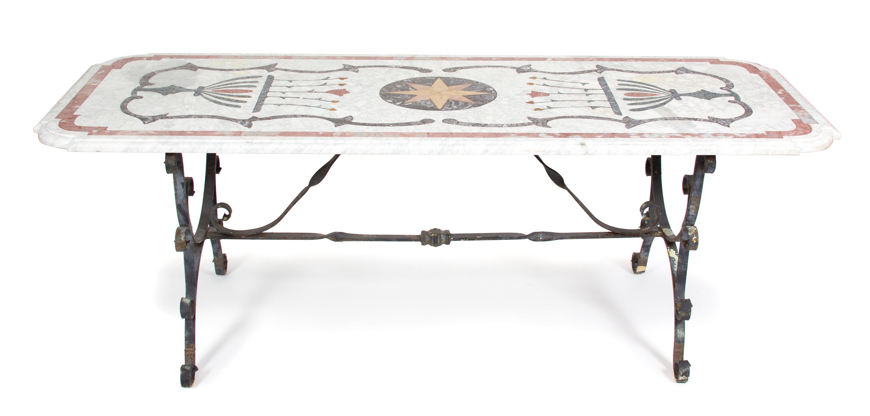 An Italian Pietra Dura Marble Top Table on Ironwork Base Height 31 x width 86 3/4 x depth 35 1/2 inches. — EARLY 20TH CENTURY