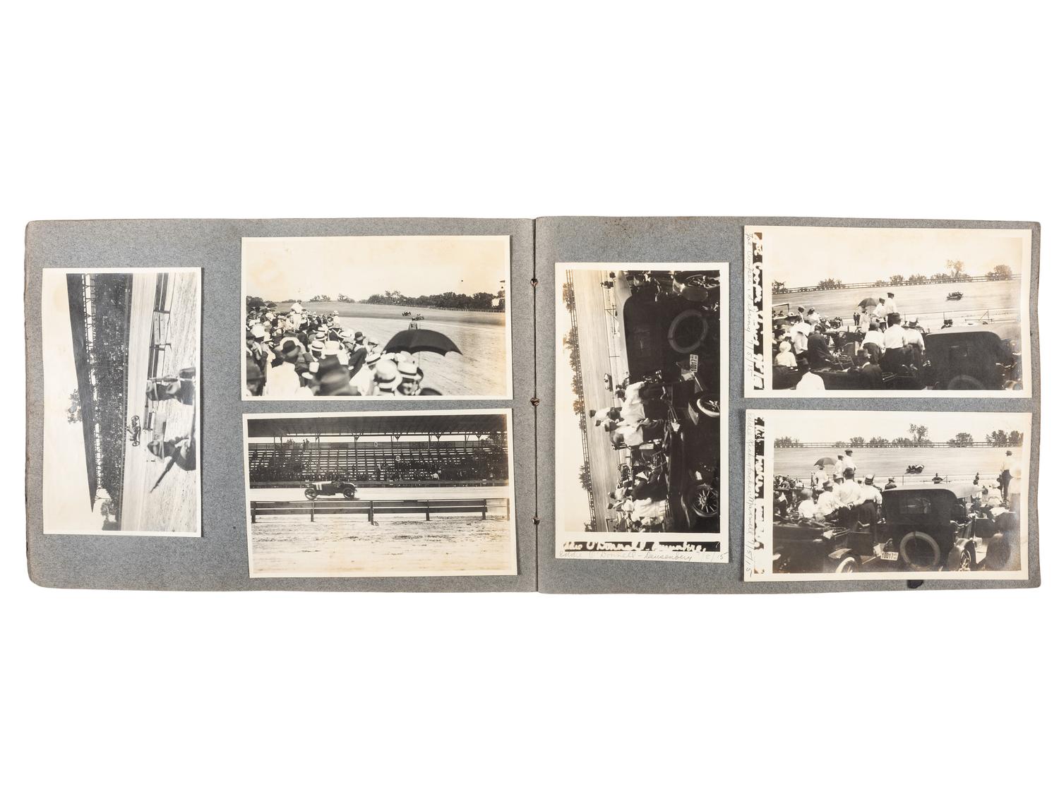 [EARLY PHOTOGRAPHY]. Album containing photographs of an early NASCAR race featuring future World War I Fighting Ace Eddie Rickenbacker.