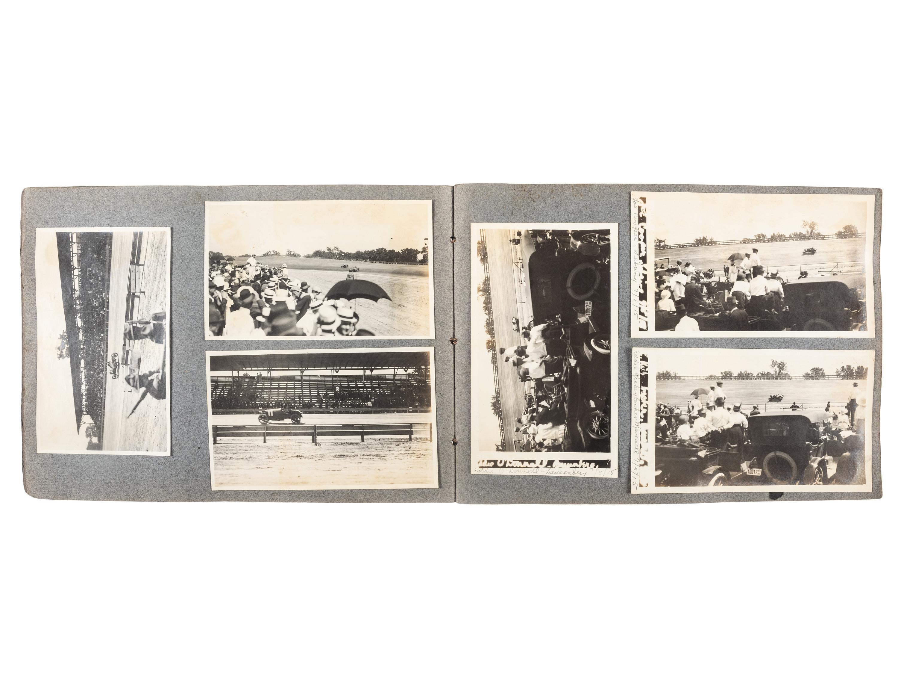 [EARLY PHOTOGRAPHY]. Album containing photographs of an early NASCAR race featuring future World War I Fighting Ace Eddie Rickenbacker.