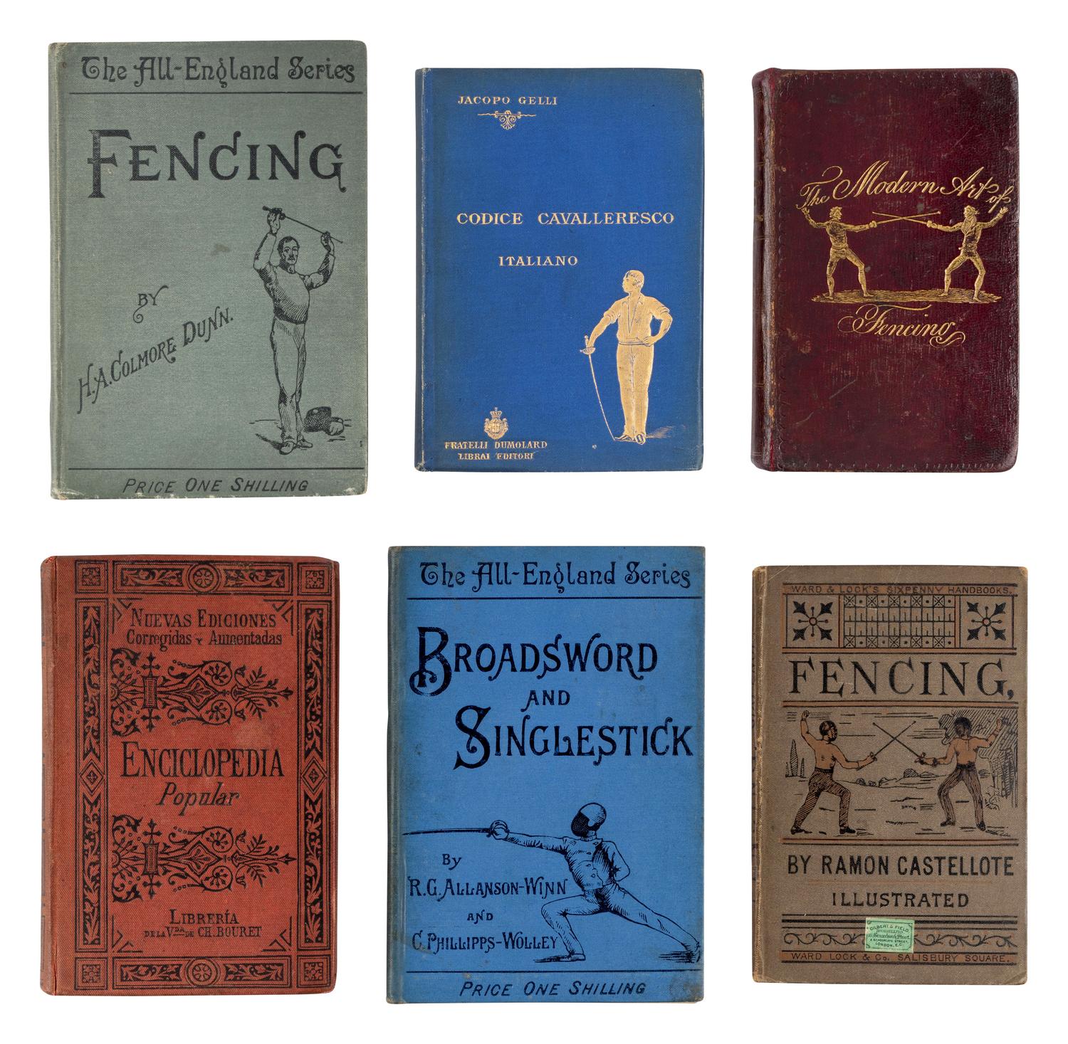 [FENCING]. A group of approximately 76 volumes about fencing in English, German, Italian, and Spanish, including: