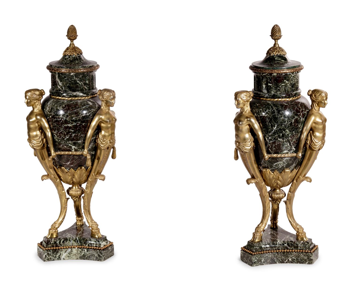 A Pair of Louis XVI Style Gilt Bronze and Marble Urns