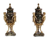 A Pair of Louis XVI Style Gilt Bronze and Marble Urns