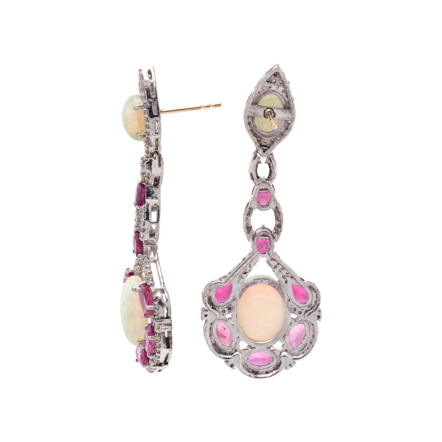 OPAL, RUBELLITE AND DIAMOND EARRINGS