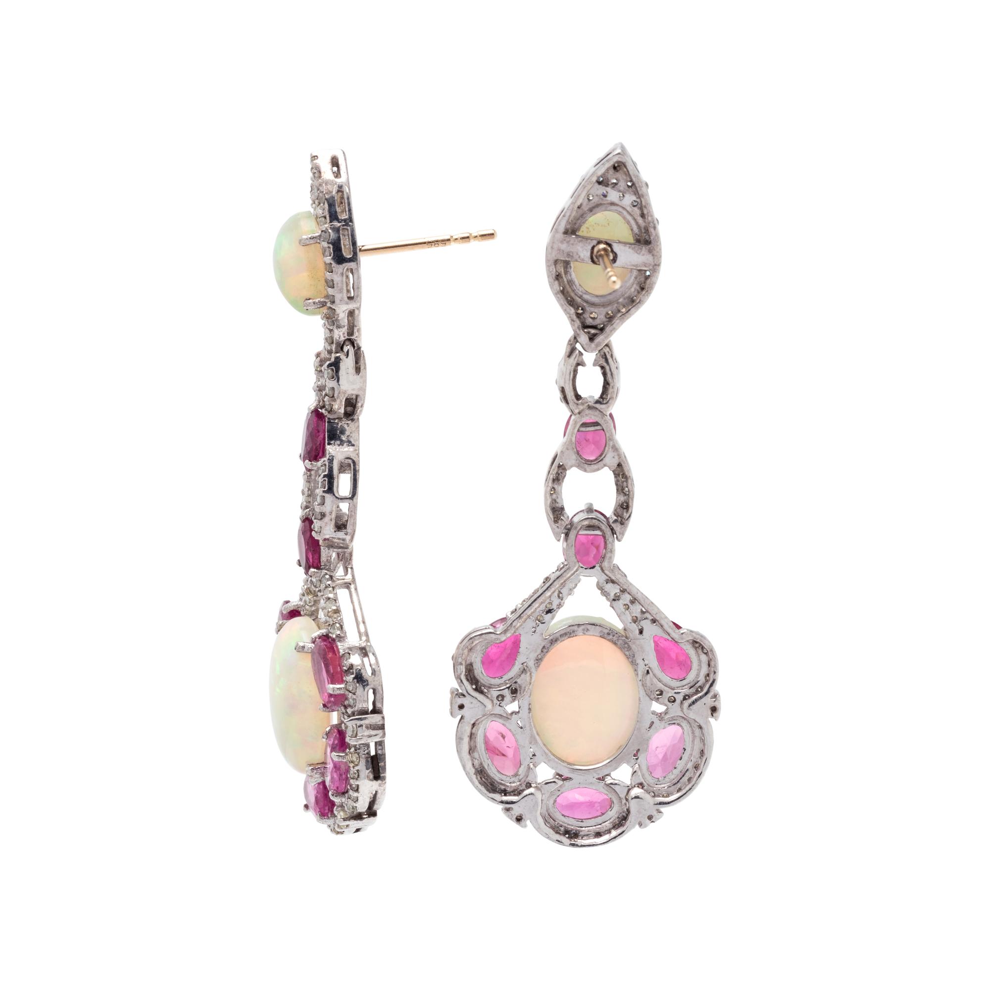 OPAL, RUBELLITE AND DIAMOND EARRINGS