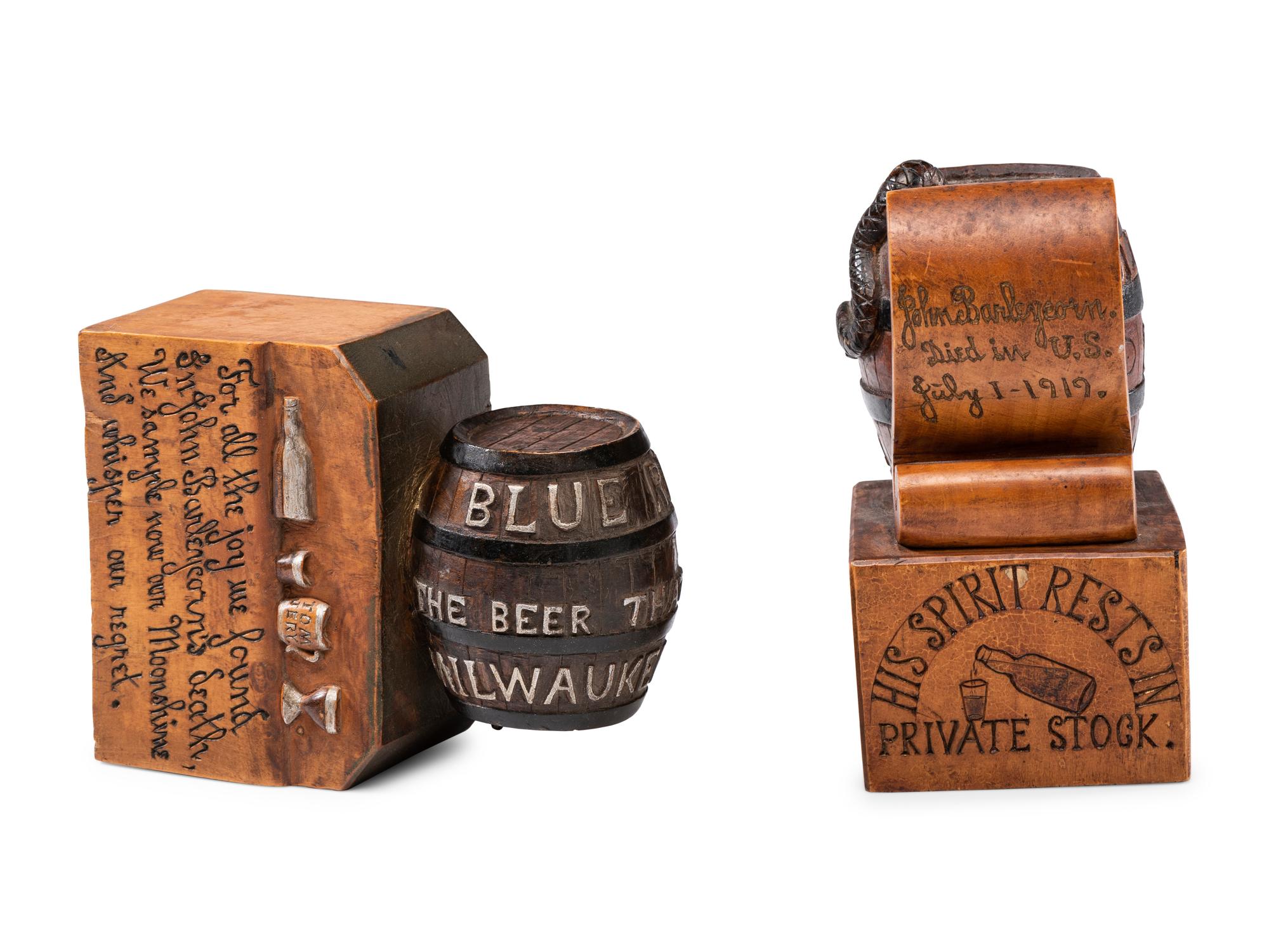 Two Prohibition Era 'John Barleycorn' Folk Art Carved Whiskey Barrels