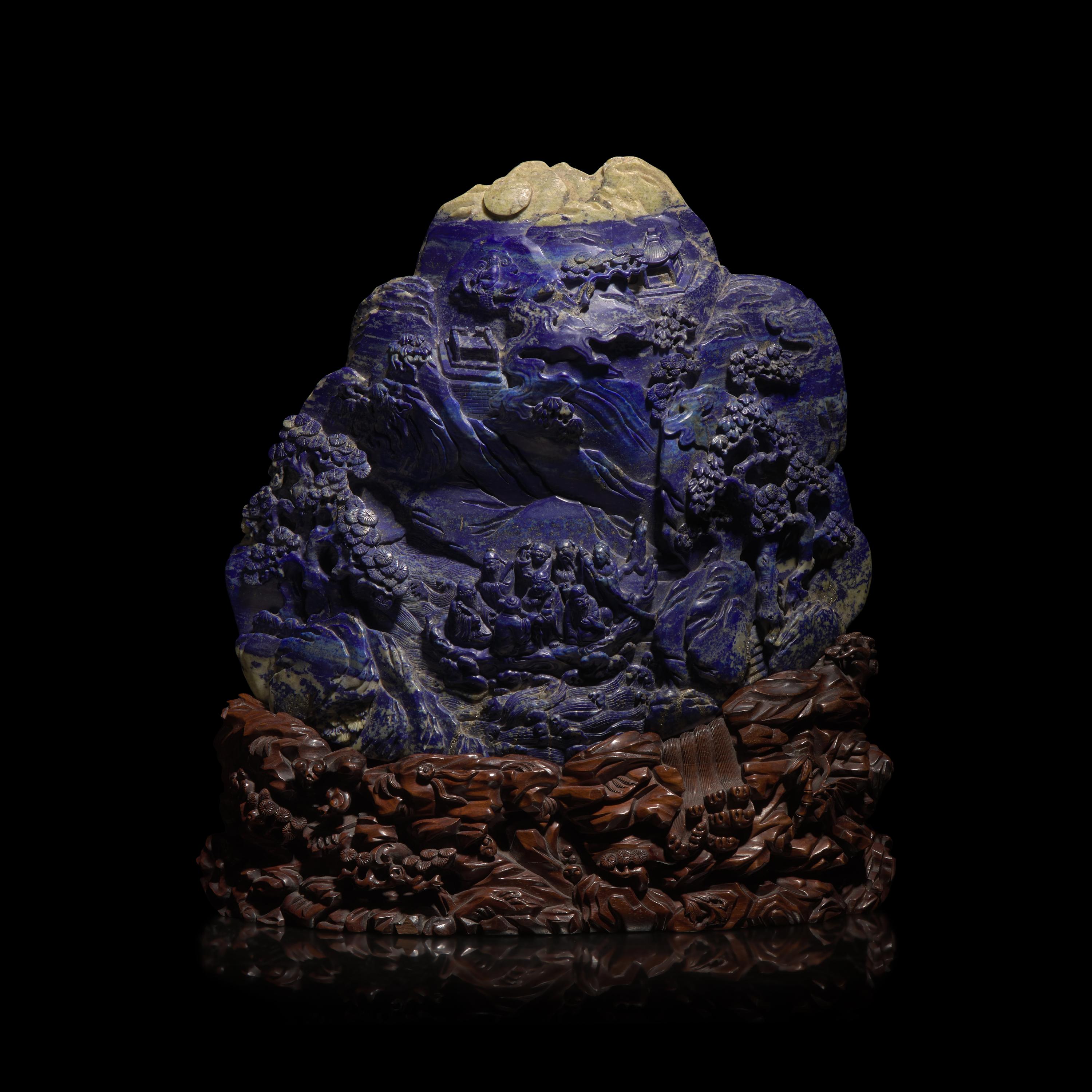 A Large Chinese Lapis Lazuli 'Eight Immortals Crossing the River' Boulder, Qing Dynasty — 清 青金石雕羅漢渡江山子
