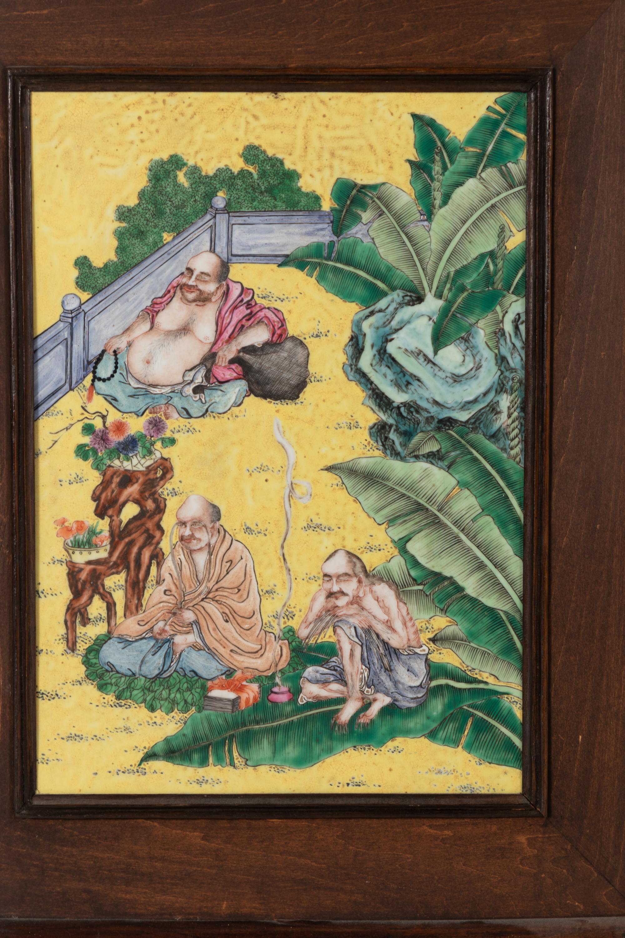 A Pair of Chinese Famille Rose Porcelain Inset Hardwood Wall Panels