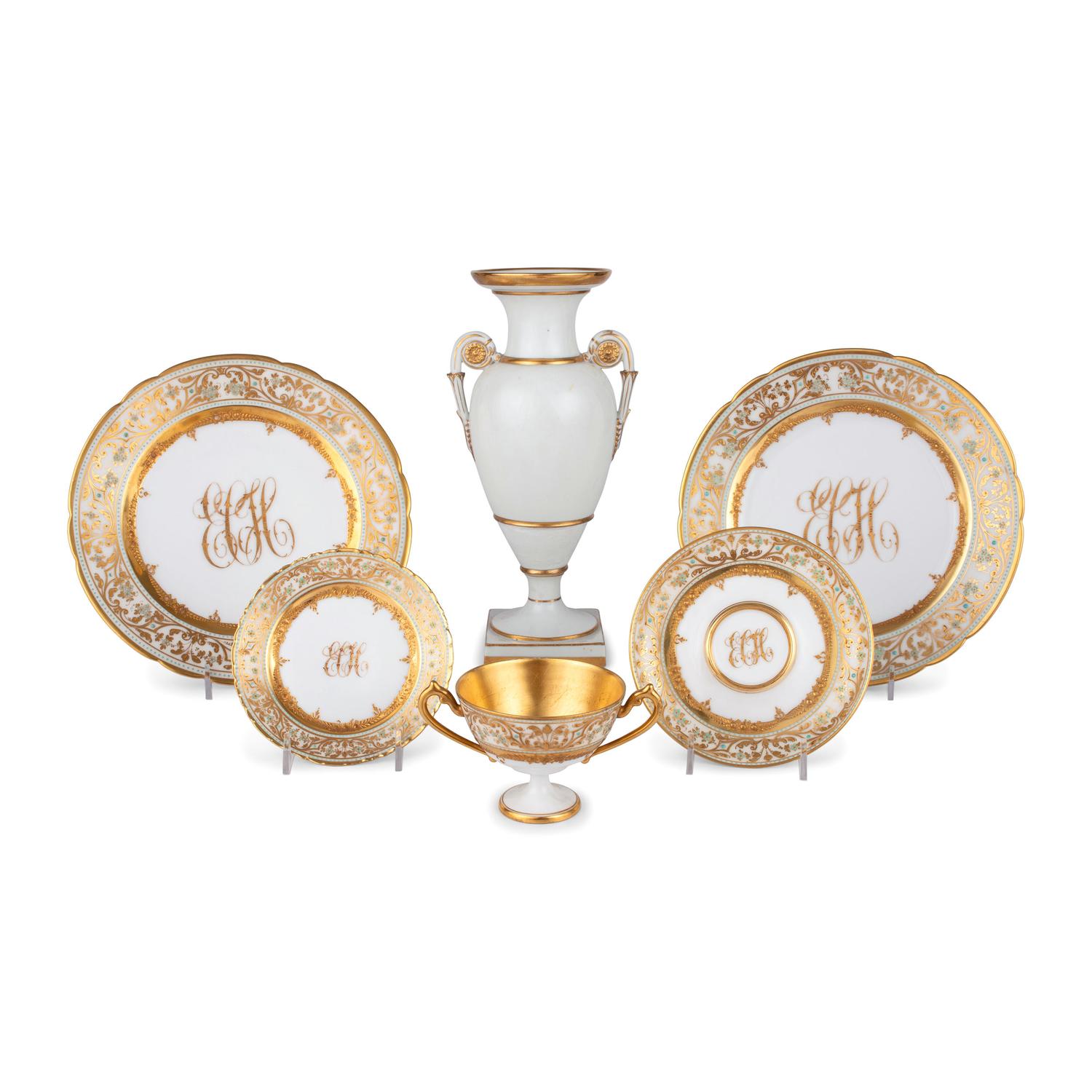 A Dresden Parcel-Gilt Monogrammed Porcelain Dinner Service, Plus