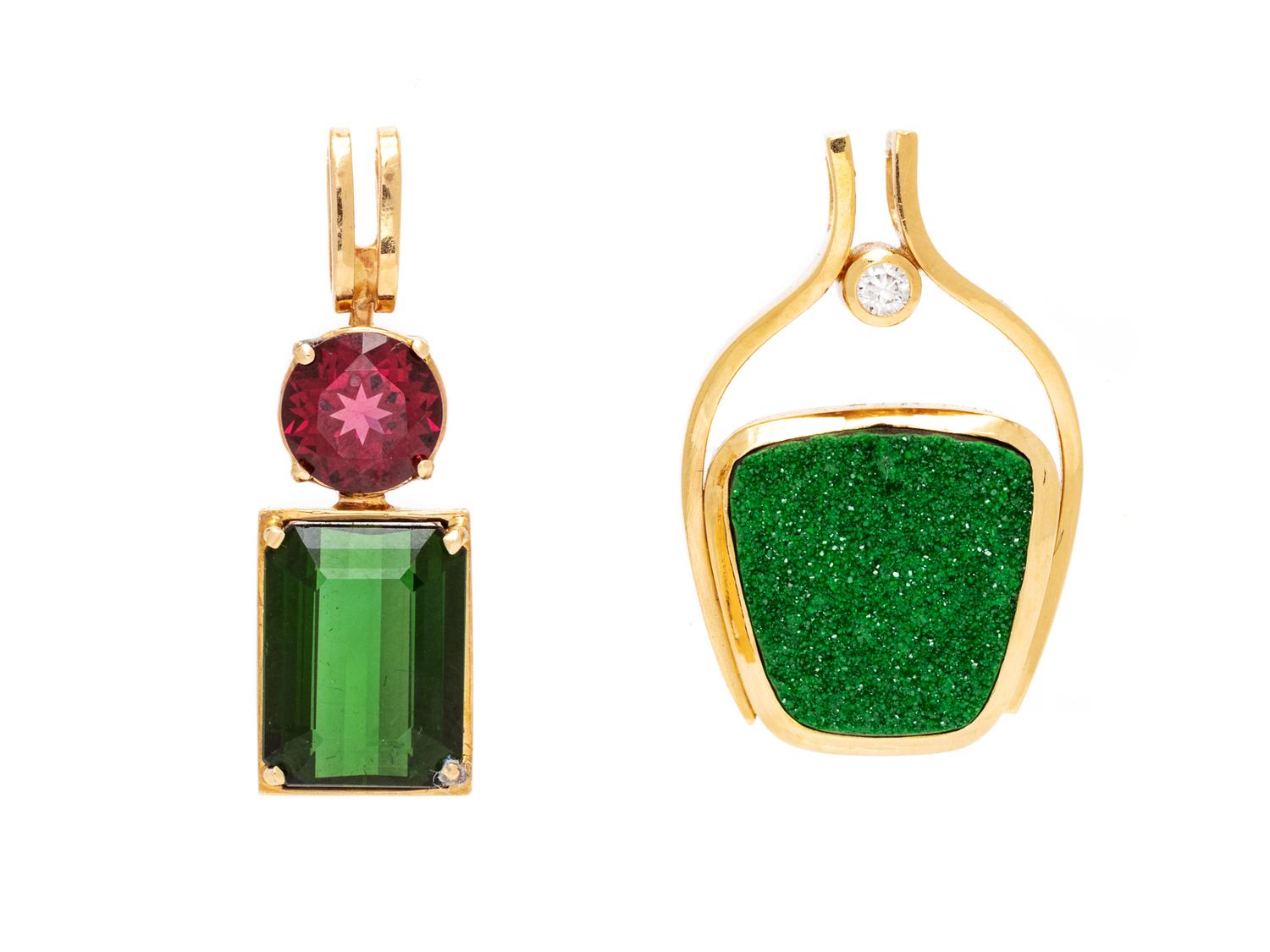 A Collection of Yellow Gold and Multigem Pendants,