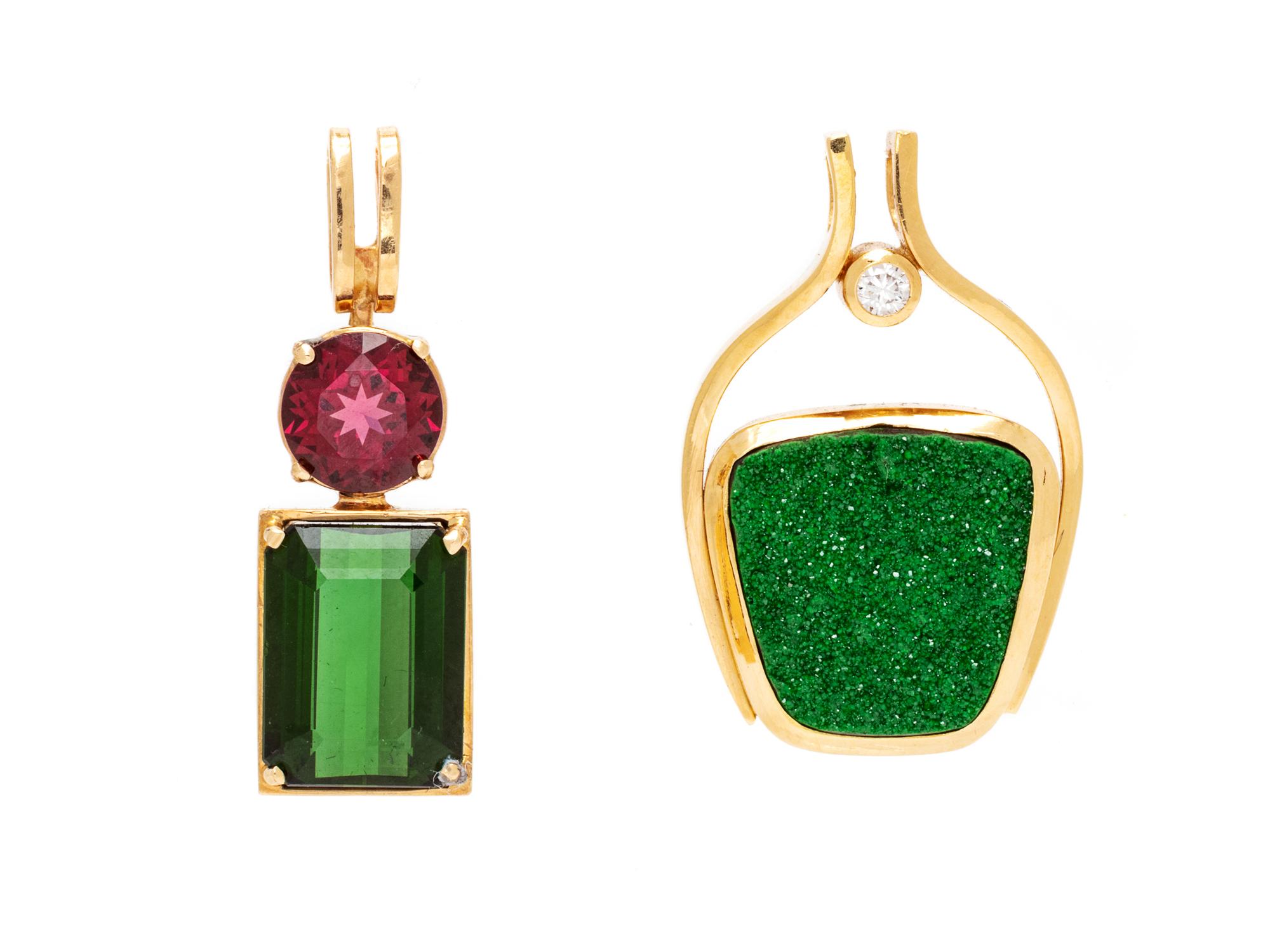 A Collection of Yellow Gold and Multigem Pendants,