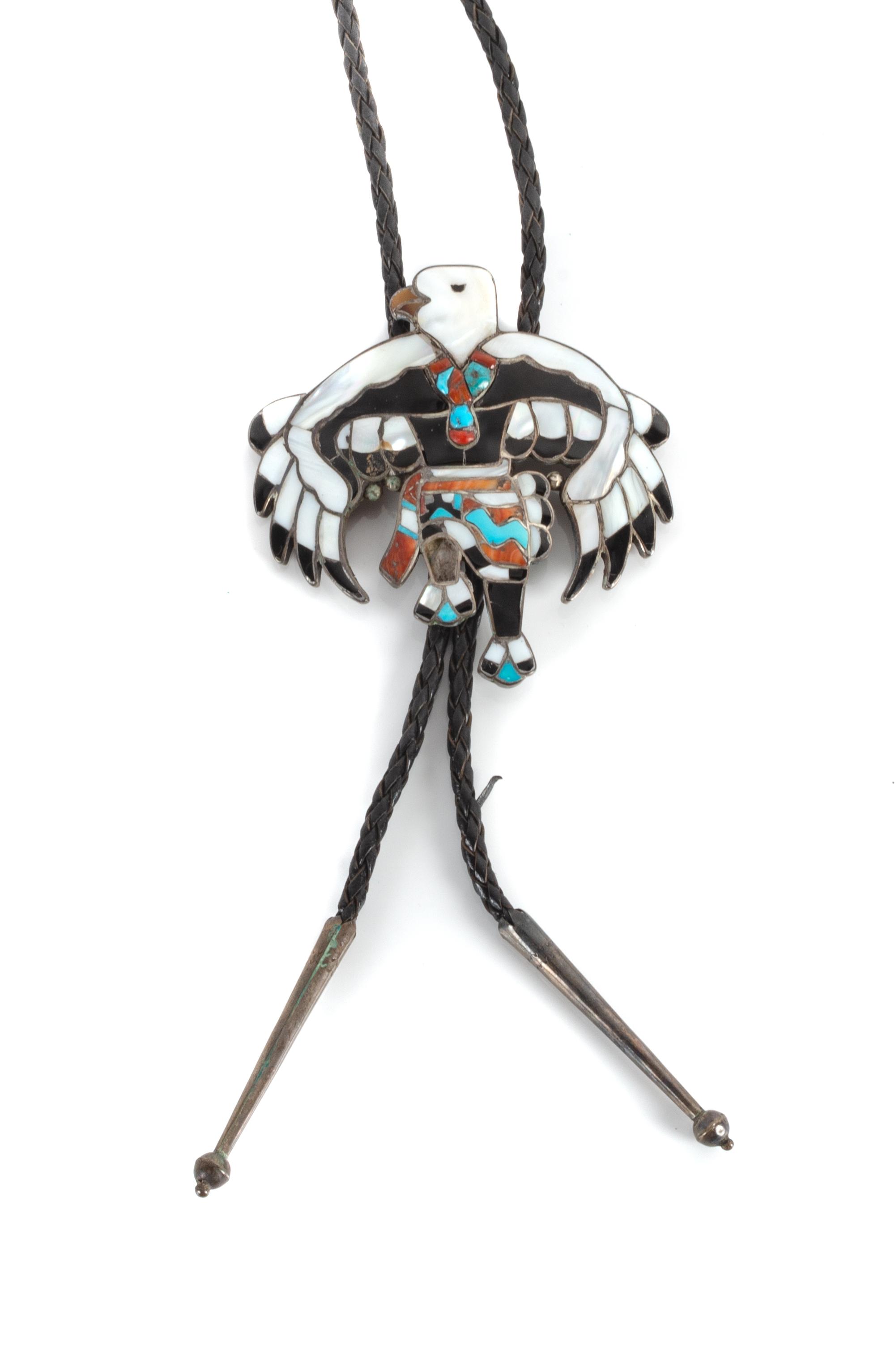 Zuni Silver and Mosaic Inlay Eagle Dancer Bolo Height 3 1/2 x width 3 1/2 inches
