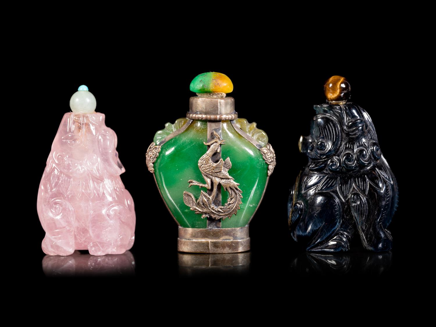 Three Chinese Jadeite and Hardstone Snuff Bottles