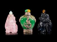 Three Chinese Jadeite and Hardstone Snuff Bottles