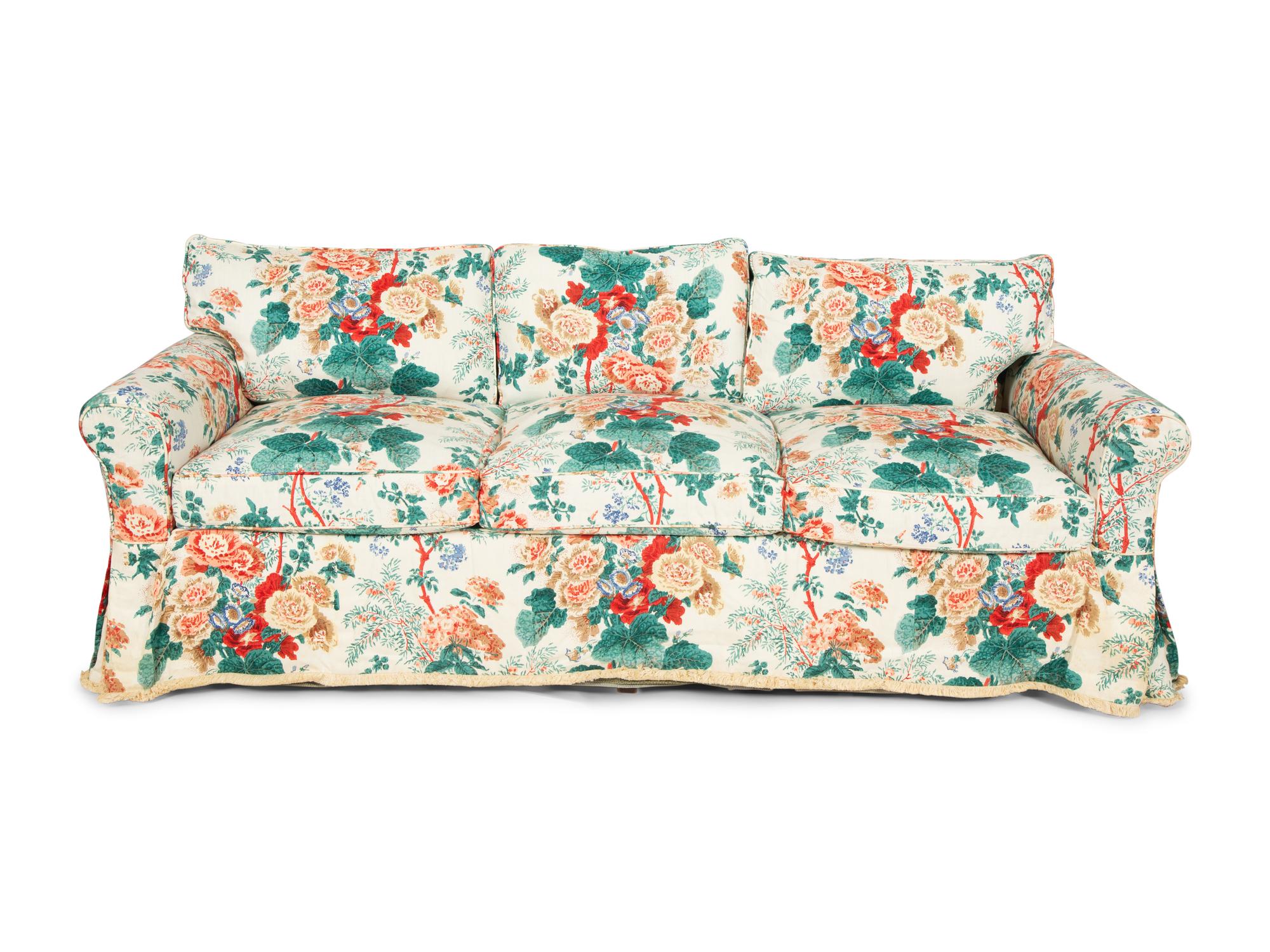 A Printed Cotton-Upholstered Three-Cushion Sofa, Club Chair and Ottoman