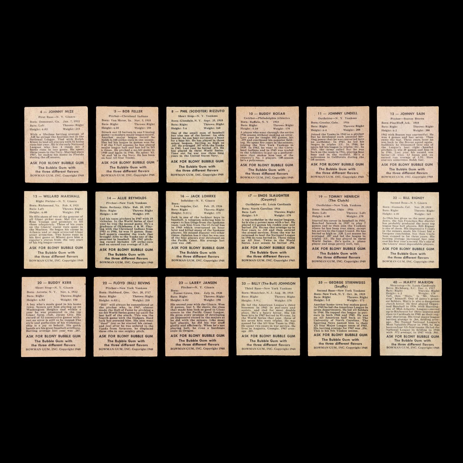 A Collection of 1948 Bowman Baseball Cards Including Multiple Hall of Fame Rookie Cards