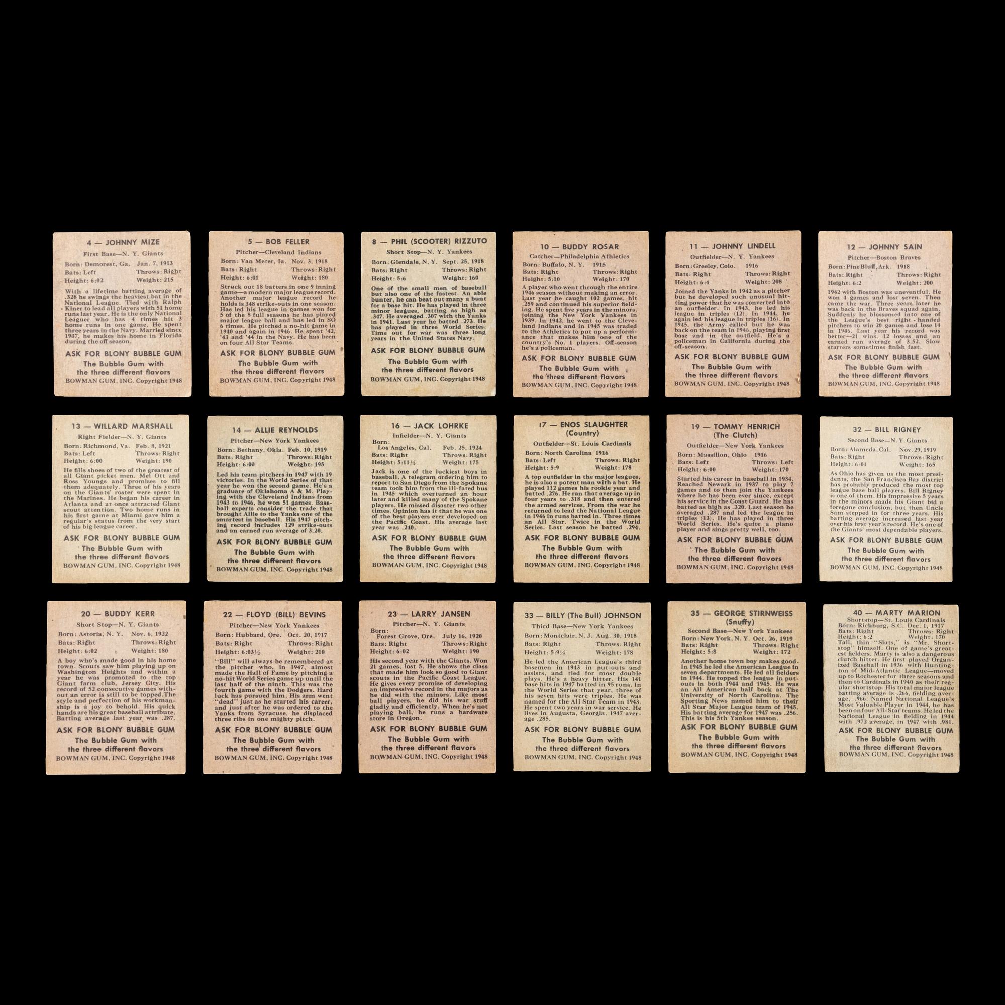 A Collection of 1948 Bowman Baseball Cards Including Multiple Hall of Fame Rookie Cards