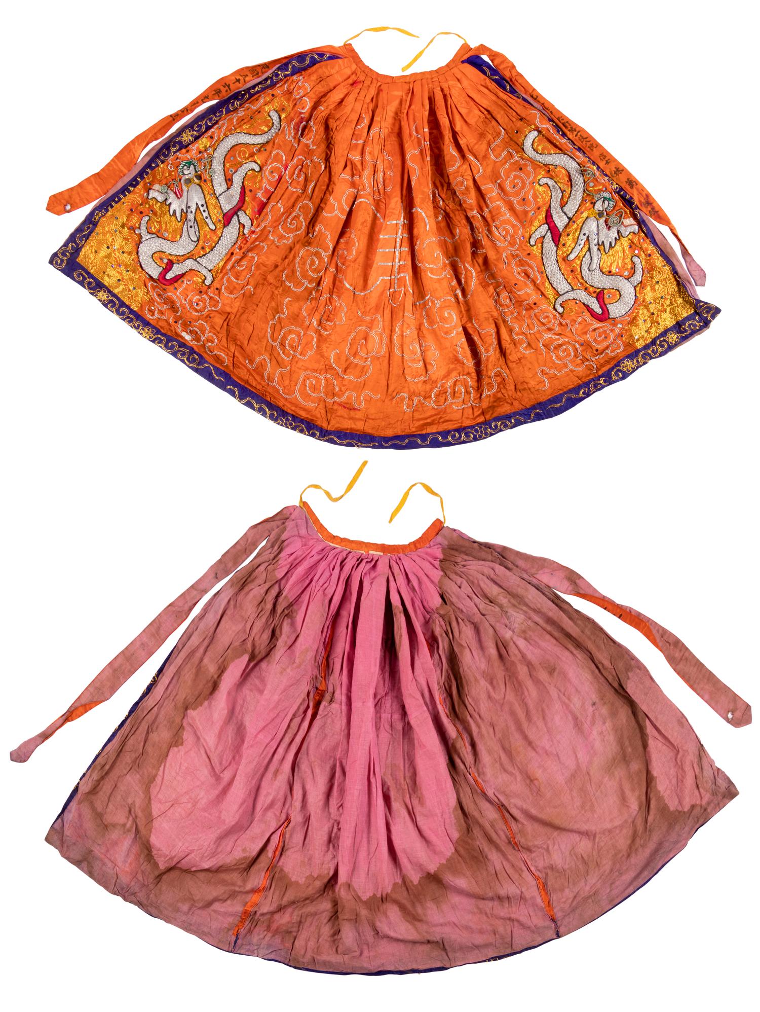 Two Chinese Orange Ground Embroidered Silk Theatrical Robes and A Cape