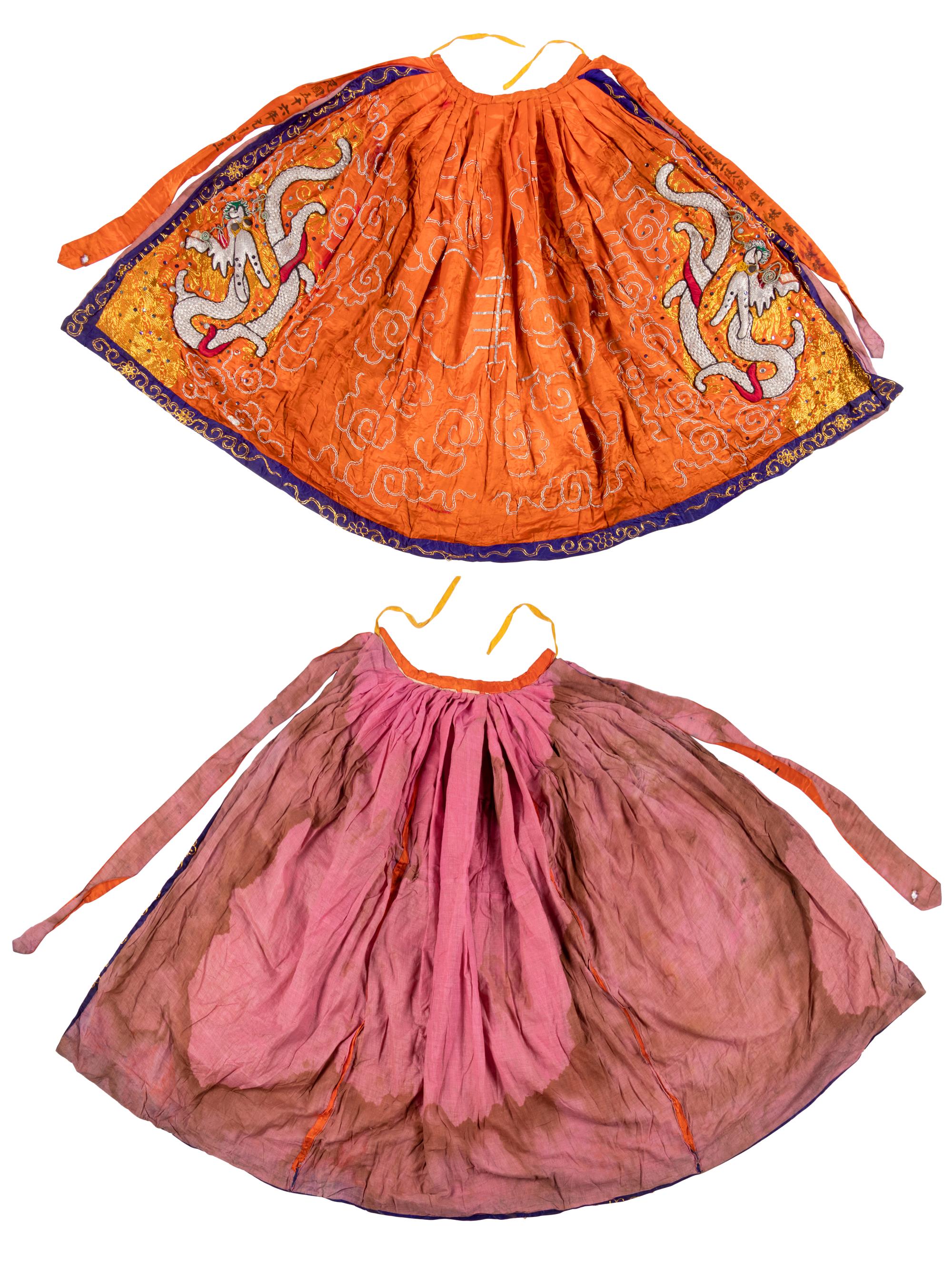 Two Chinese Orange Ground Embroidered Silk Theatrical Robes and A Cape